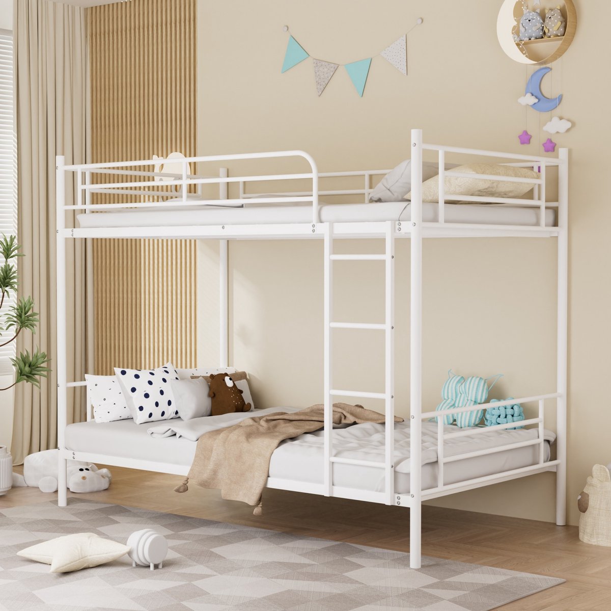 FloraGrace Stapelbed 90x190 cm - Hoogslaper Met Metalen Ladder En Uitvalbeveiliging - Metalen Bedframe - Wit Zonder Matras