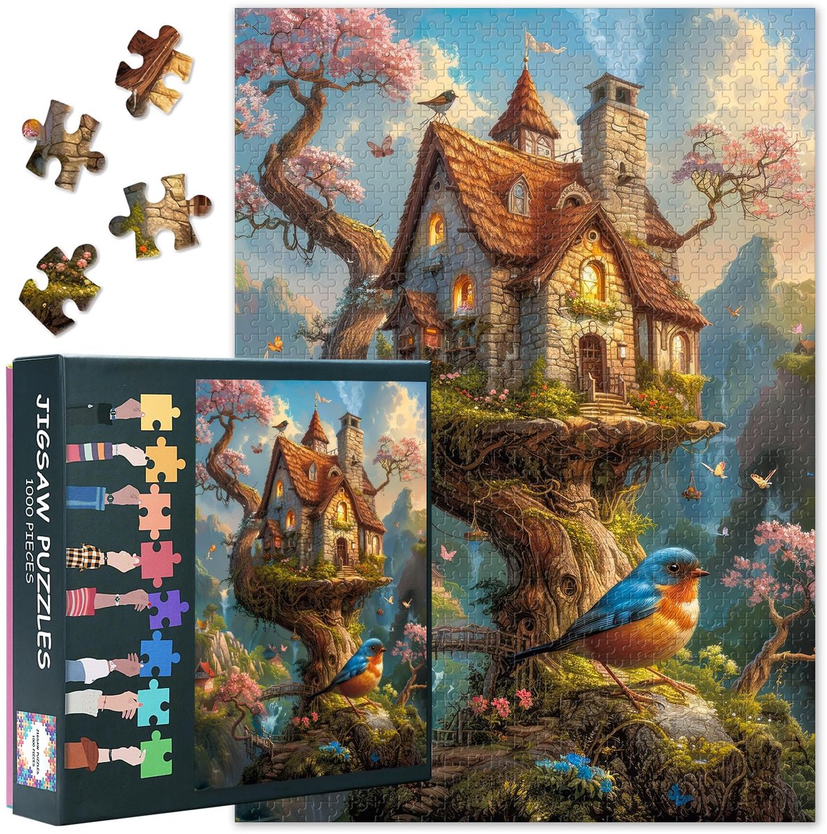 Fantasiehuis puzzels voor volwassenen, 1000 stukjes, vogelpuzzel (70 x 50 cm), boomkunst, puzzels uitdagingen voor - ShopVlot