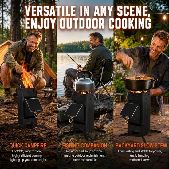 Raketoven met grillplaat, groot, Rocket Stove met vuurhaak, 2 extra standvoeten, kanonenkachel insteeksysteem van - ShopVlot — afbeelding 5