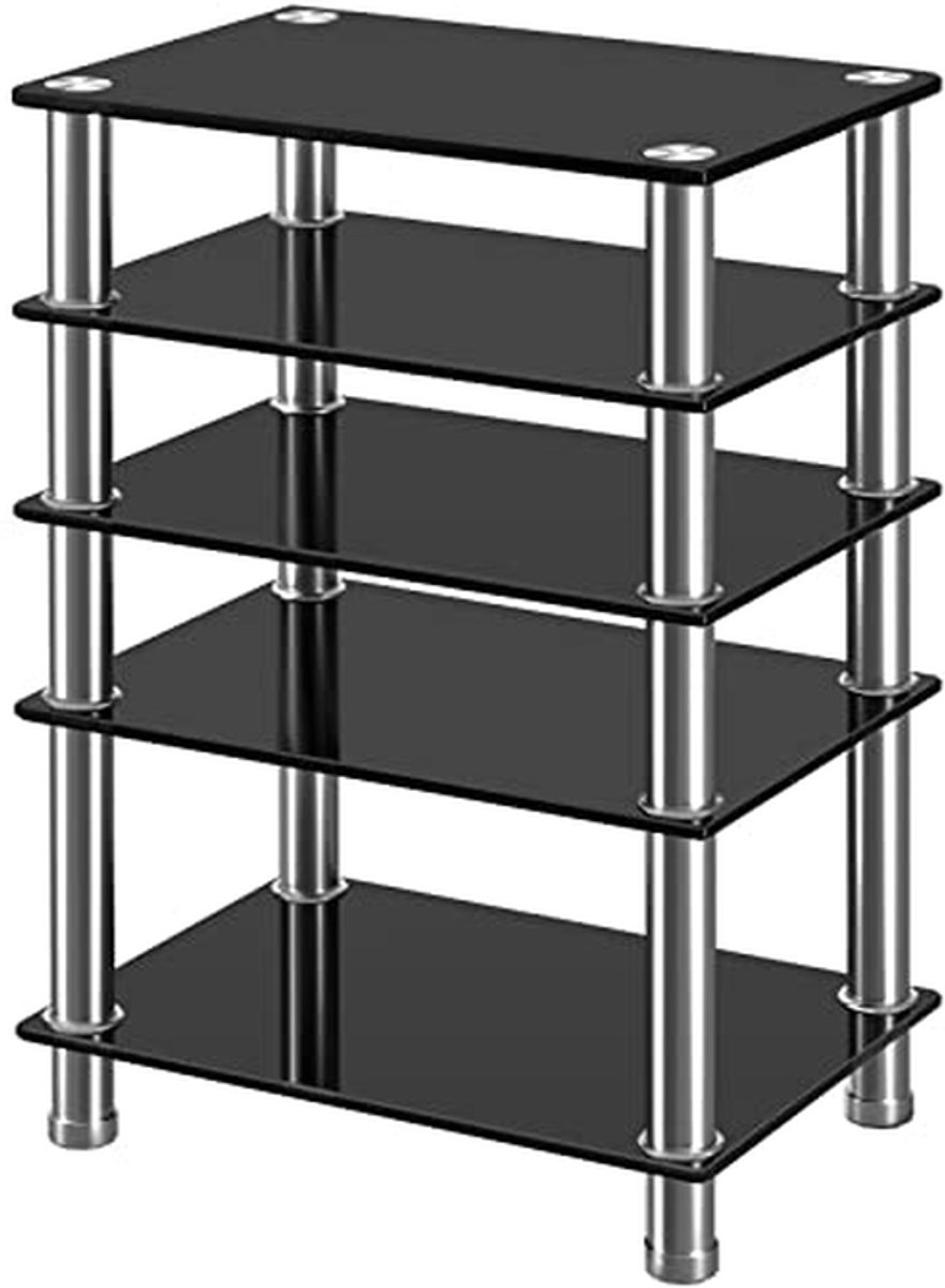 Audio Rack Kast - Media Meubel - Entertainment Opslag - 5 Gehard Glas Planken - 60x40x80 cm - Zwart