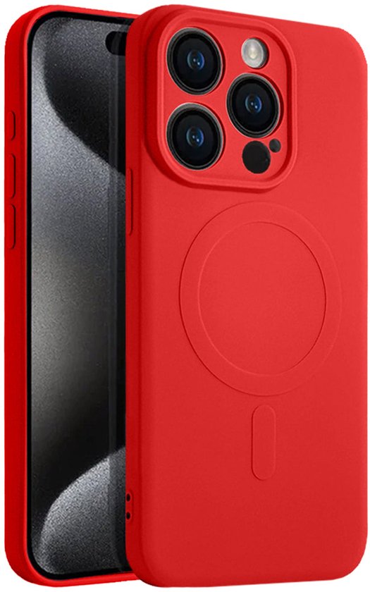 Rood siliconen hoesje voor iPhone 15 Pro met MagSafe-compatibele cirkel.