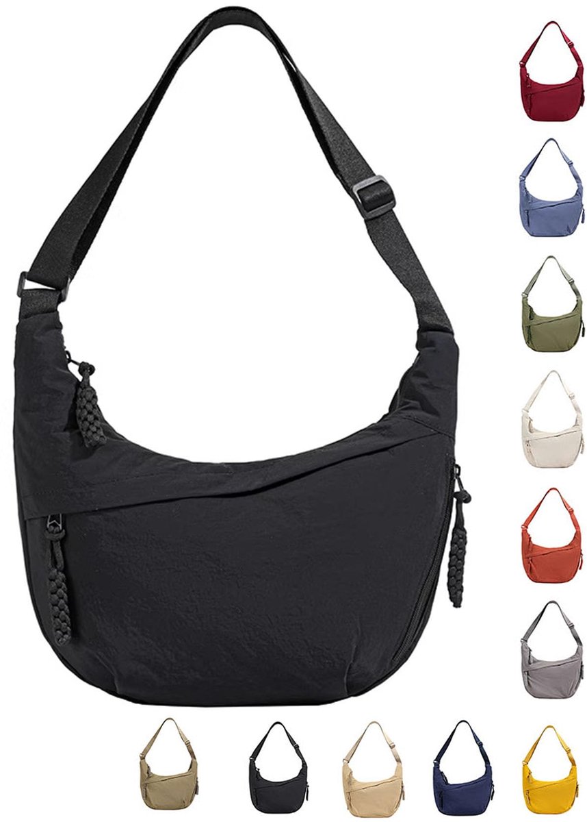 Crossbody schoudertas zwart-M - nylon halve maan tas - verstelbare schouderriem - ideale tas voor dagelijks gebruik - ShopVlot