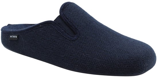 Donkerblauwe Scapa pantoffel met visgraatpatroon en elastische instap.