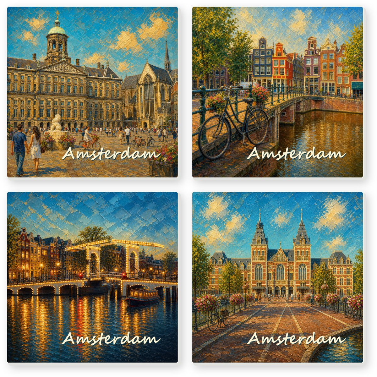 Kleurmedia Tegeltjes Amsterdam – Set van 4 – Keramiek 15 x 15 cm – Inclusief 4 transparante houders – Souvenir