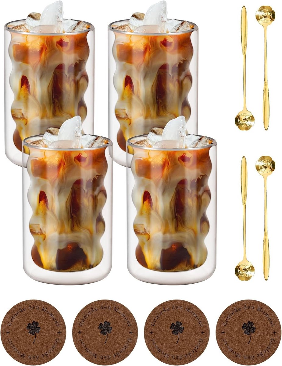 Set van 4 Latte Macchiato Glazen met Lepels en Onderzetters - Dubbelwandig Borosilicaatglas, Warmtebestendig en Ideaal voor Koffie en Thee, 350 ml