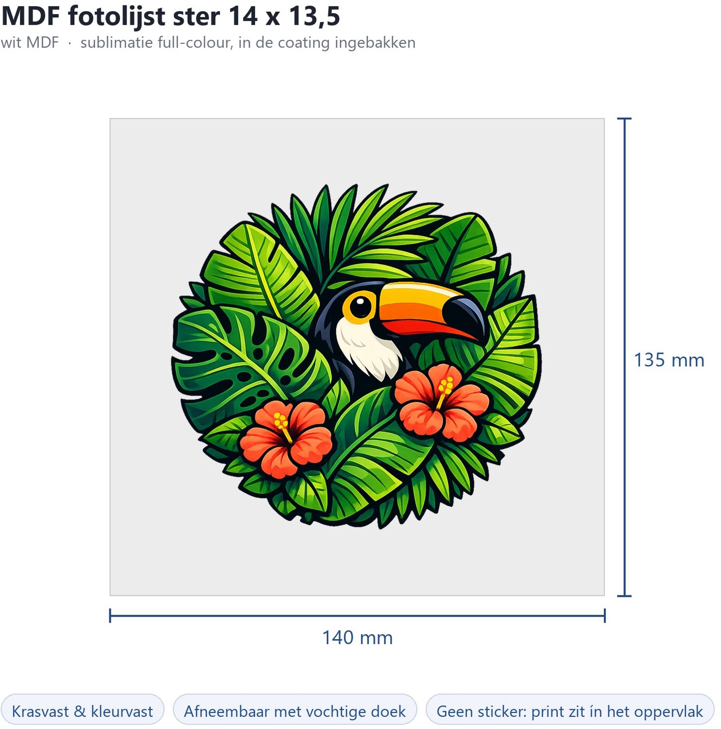 Mr Cadeautjes MDF fotolijst ster 14 x 13,5 - design Tropische bladeren met toekan | cadeau Wit