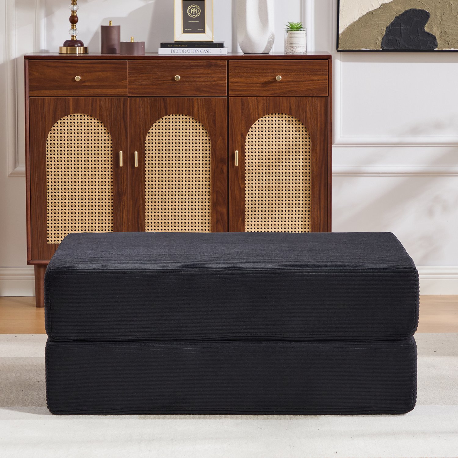 MEUNIQ Fauteuil van zwart ribfluweel met metalen frame, schuimvulling, kussen en zijvak – uitvouwbare eenpersoons zitplek voor de woonkamer