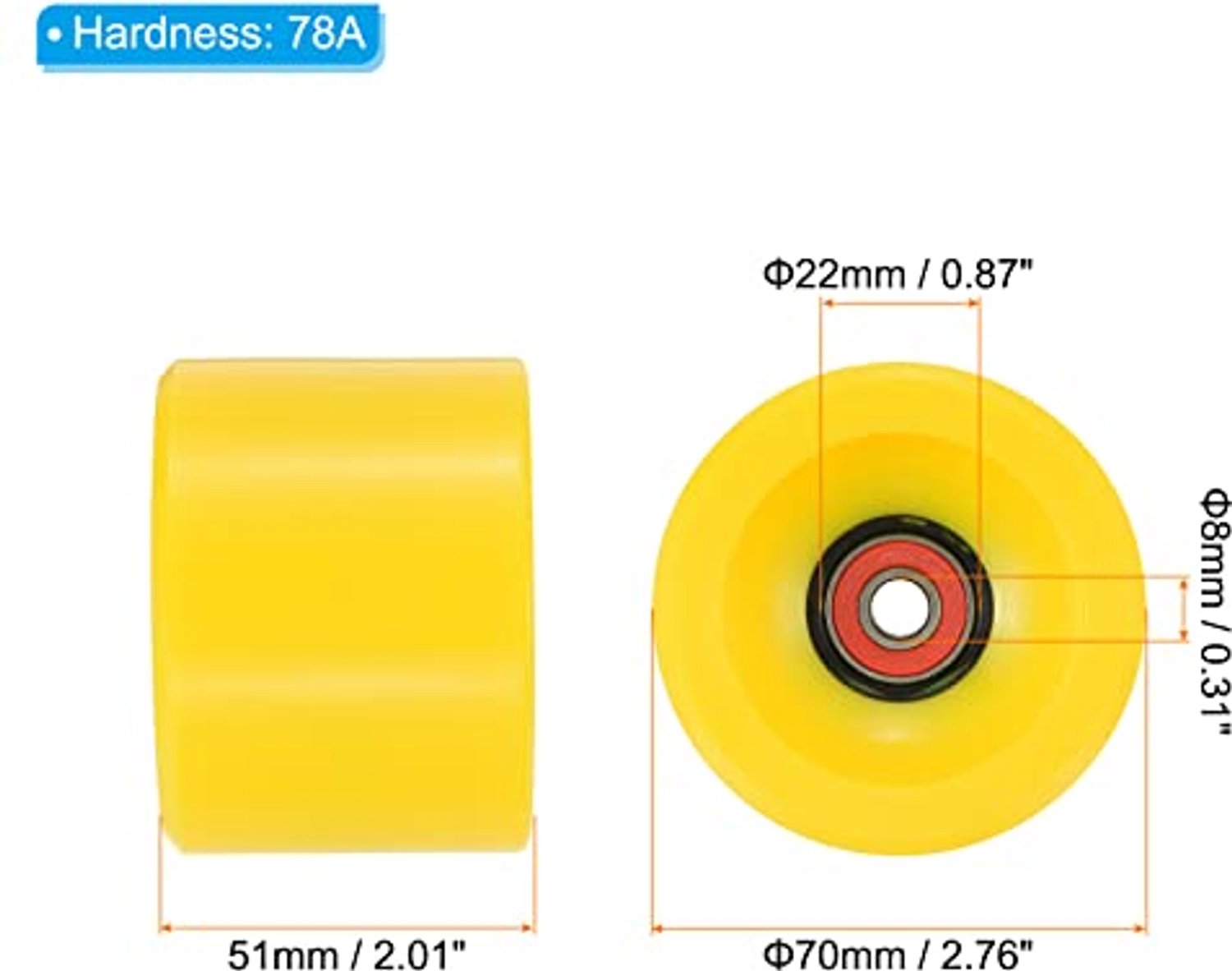 Longboard Wielen met ABEC-9 Lagers 70mm Geel