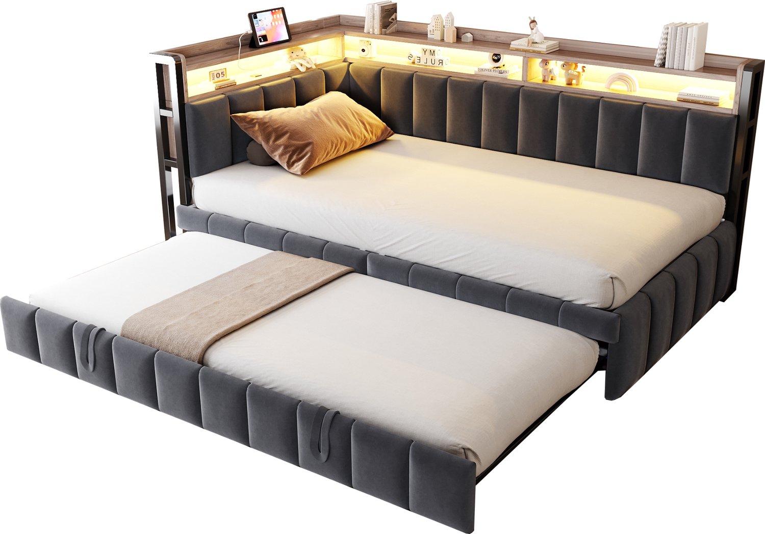 REDOM Slaapbank 90x200 cm - Met uitschuifbed, opbergruimte, LED en USB - Donkergrijs