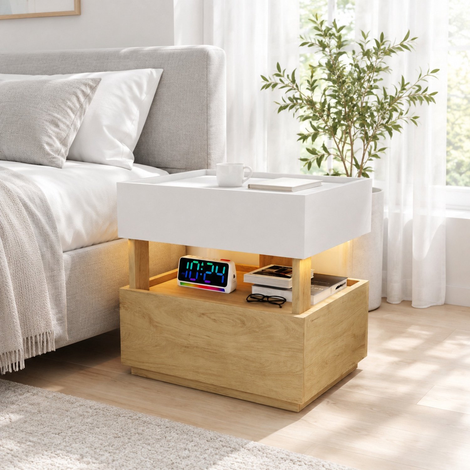 Wishdor Nachtkastje met twee lades en draadloos opladen - Open opbergruimte en verstelbare LED-verlichting - Industrieel - Slaapkamer woonkamer - Bewerkt hout - Wit en naturel - 50 x 40 x 50 cm Wit en naturel hout