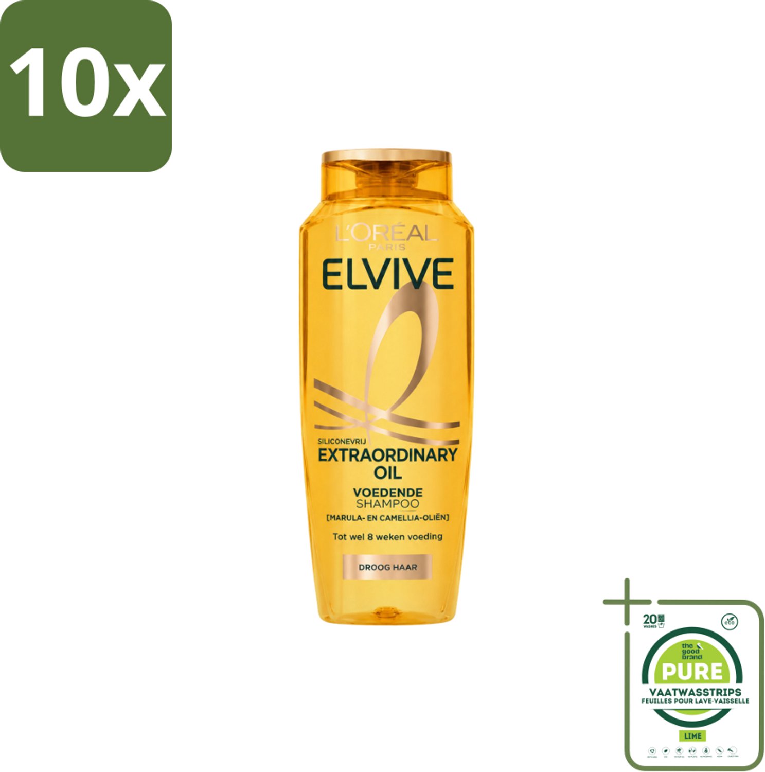 10 x L’Oréal Paris Elvive – Shampoo – Extraordinary Oil – Dun & Droog Haar – 250 ml - Grootverpakking - Vaatwasstrips - Droog Haar - Intensieve Verzorging - Marula-olie - Camellia-olie - Haarvoeding