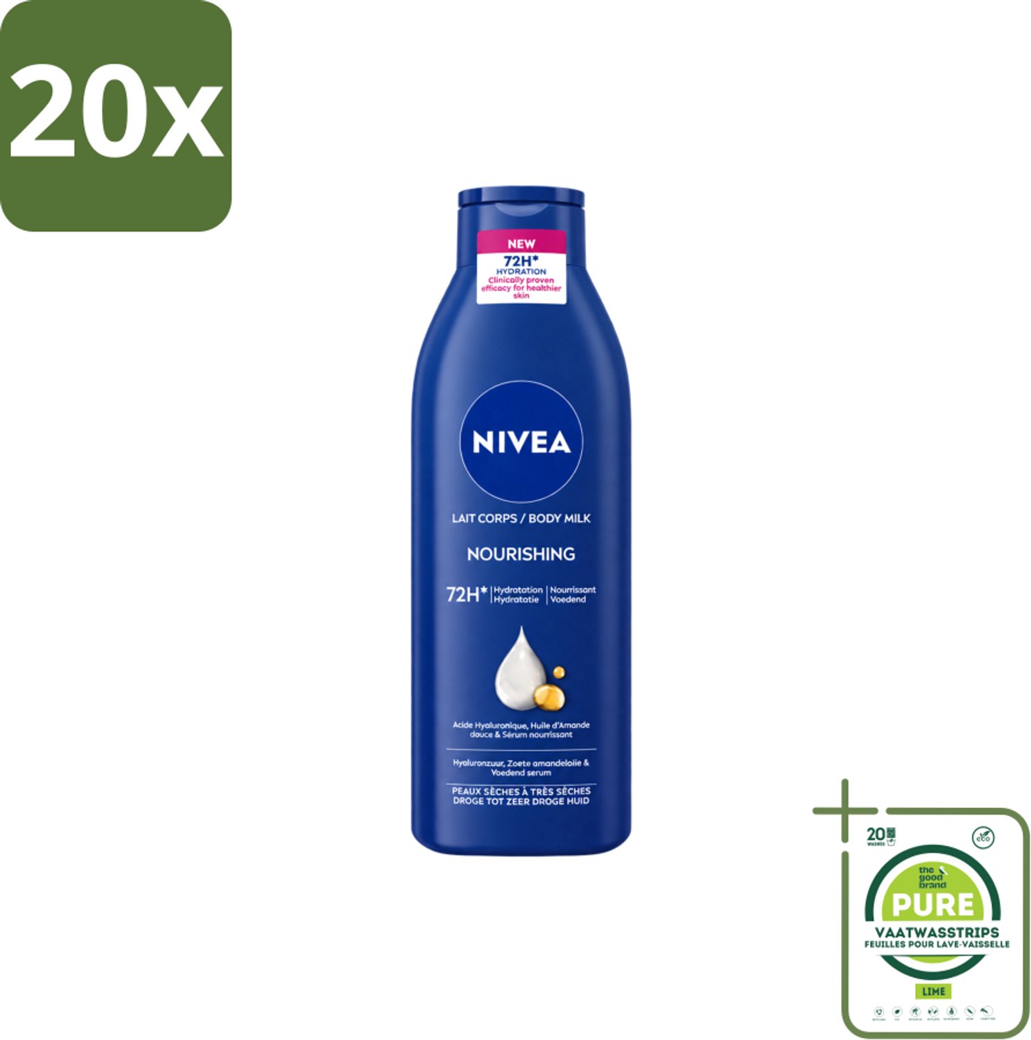 20 x Nivea – Bodymilk – Original – 500 ml - Grootverpakking - Vaatwasstrips - Bodymilk - Huidverzorging - Hydratatie - Droge Huid - Amandelolie