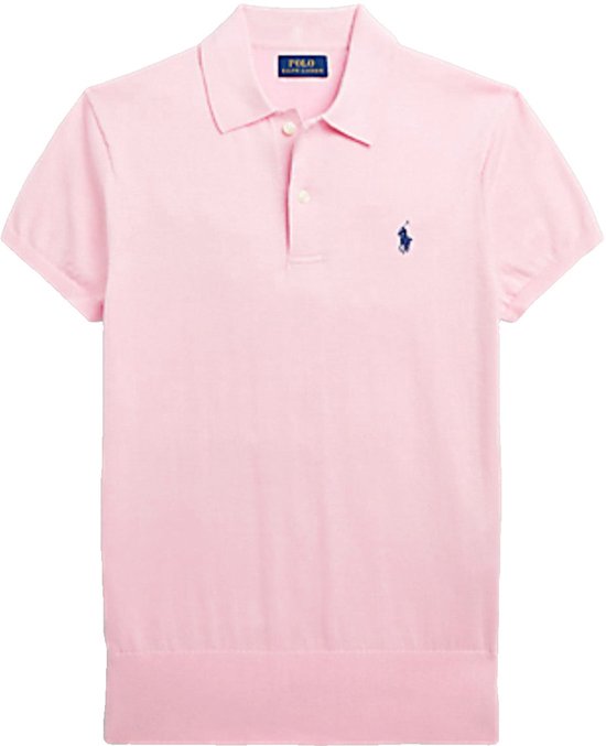 Lichtroze poloshirt met korte mouwen, donkerblauw Polo Ralph Lauren logo en knoopsluiting.