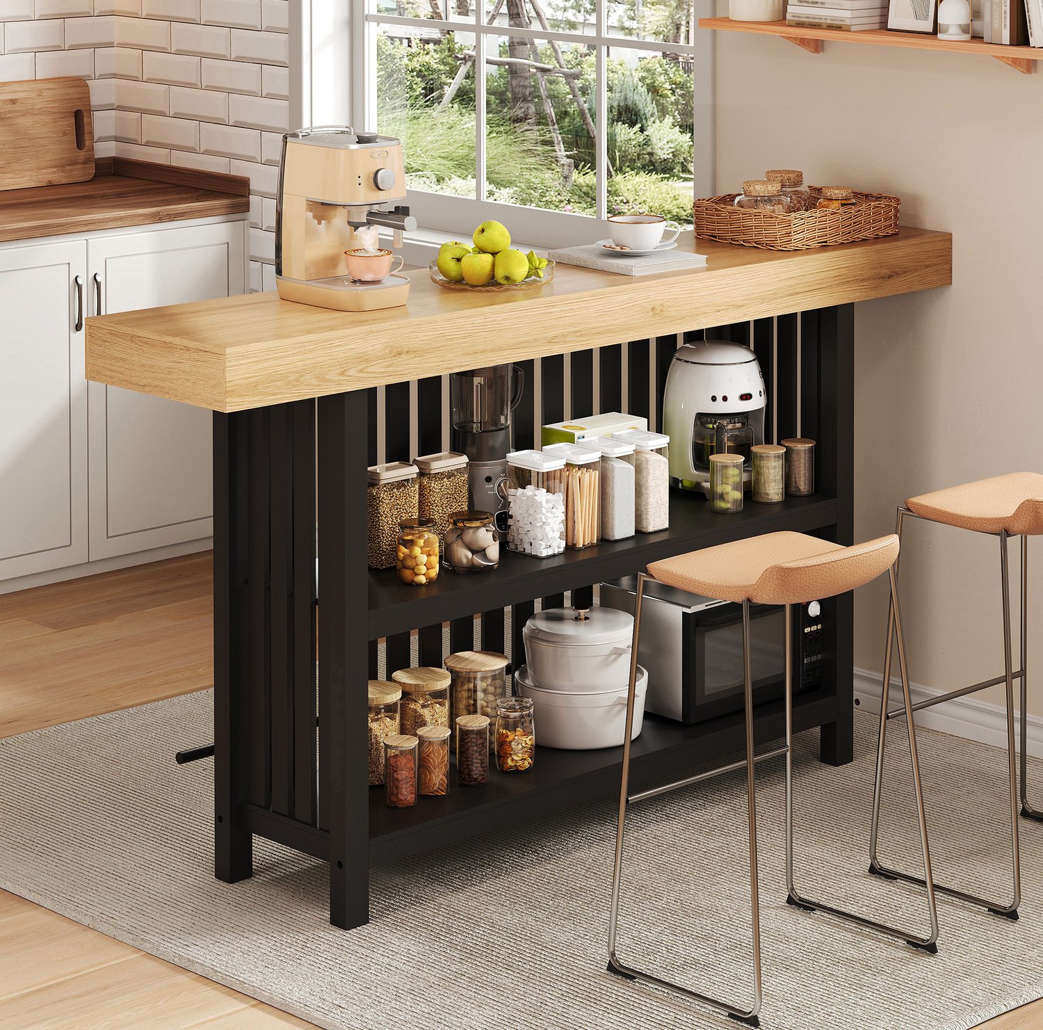 HAUSS SPOLE Bartafel - Met Twee Legplanken En Voetensteun - Voor Keuken En Eethoek - MDF Met Houtlook - 160 x 40 x 105 cm - Zwart Zwart en licht houtkleur
