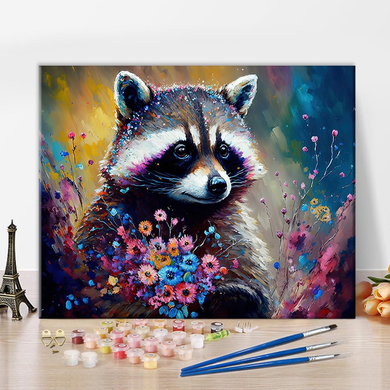 Schilderen op Nummer Set voor Volwassenen - Raccoon en Bloem