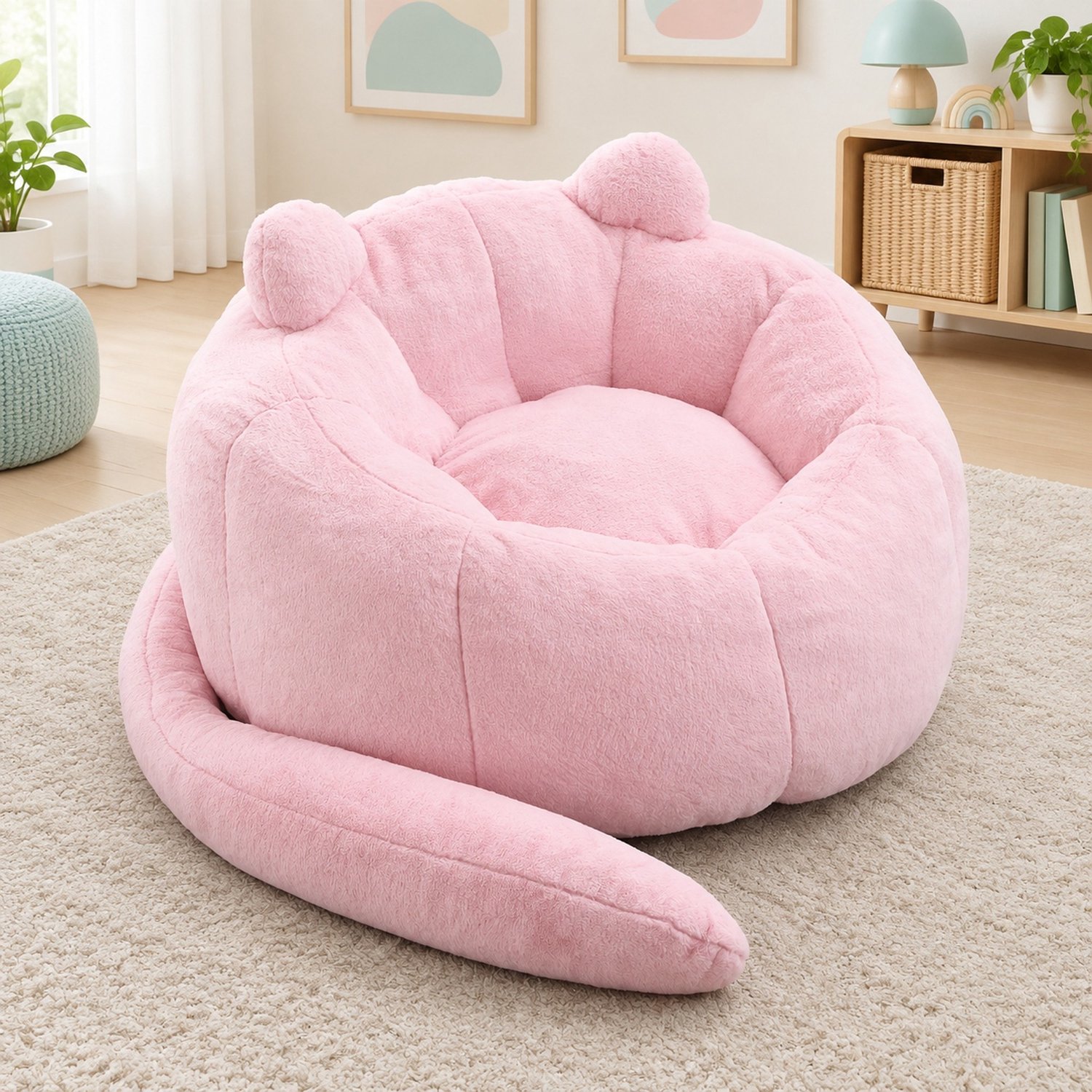 MEUNIQ Kattenvormige zitzakstoel voor volwassenen, roze, met rugleuning, armleuningen, velours bekleding en zachte schuimvulling, voor woonkamer en slaapkamer