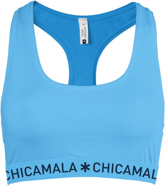 Lichtblauwe Chicamala racerback top voor meisjes met een zwarte merknaam op de elastische band.