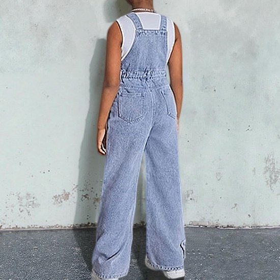 Jeans tuinbroek voor meisjes met ster, casual jumpsuit met brede pijpen voor tieners, comfortabele outfit voor zomer en herfst — afbeelding 4