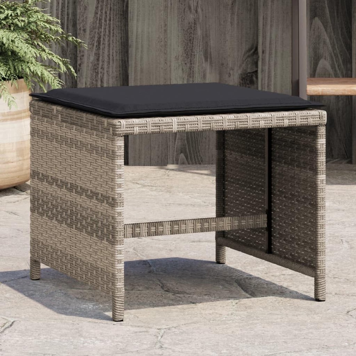 Set van 4 tuinkrukken met kussens, zitkrukken van polyrotan, voetenkrukken voor terras, balkon en tuin, lichtgrijs, 40 x 40 x 35 cm
