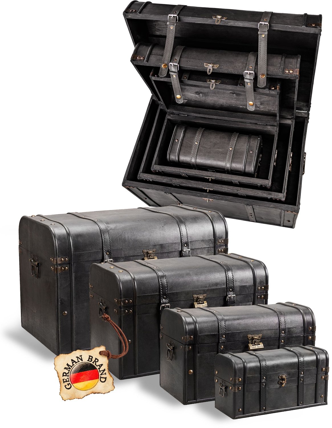 Kingpower houten schatkist, donkere stijl, met slot, set van 4