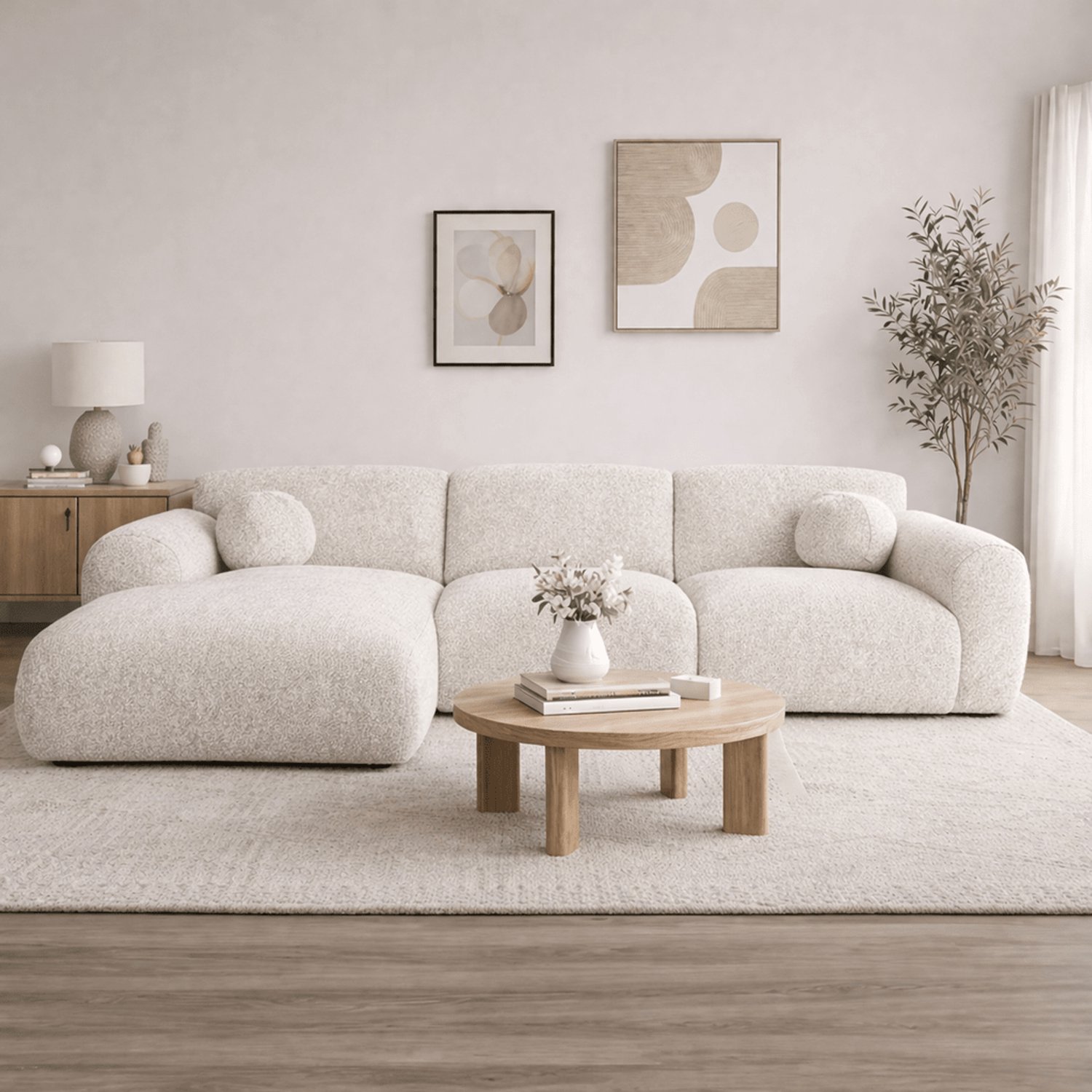 Dimehouse Hoekbank zand chenille stof - 292x170 cm - Shane - links - Chenille - Japandi - 270 x 95 x 68 cm