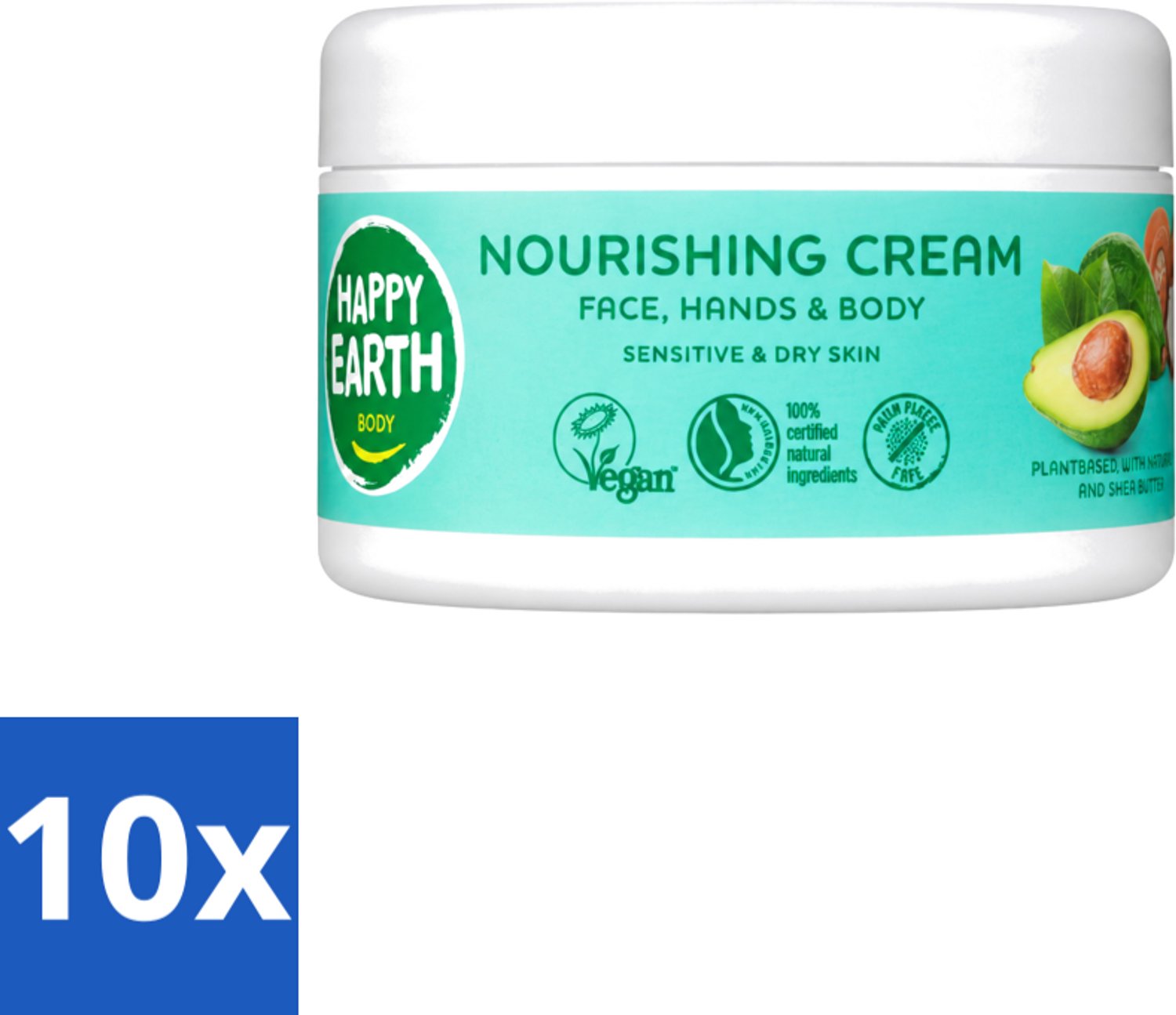 10 x Happy Earth – Voedende Crème – 100% Natuurlijk – 200 ml - Voordeelverpakking - 10 stuks