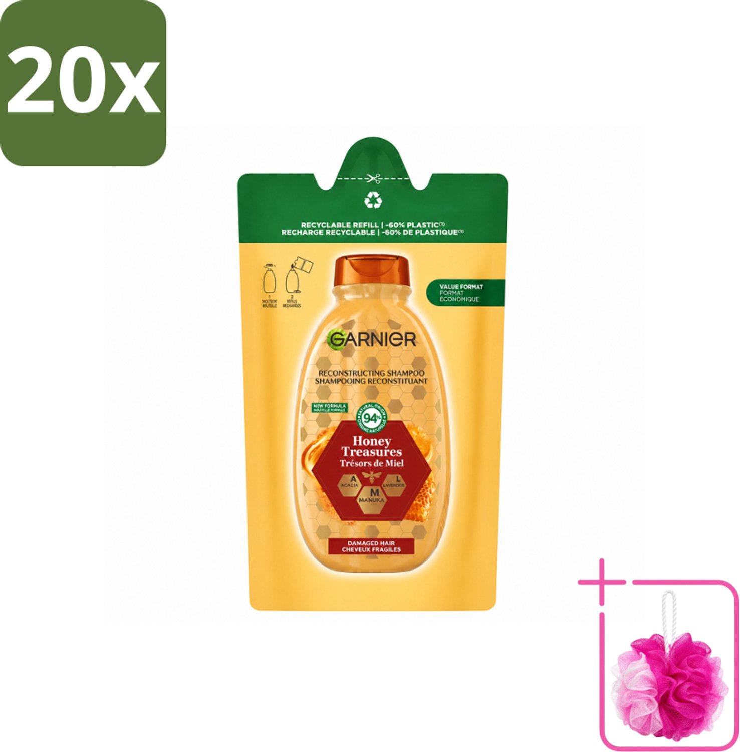 20 x Garnier - Loving Blends - Shampoo Refill - Honing Goud - Beschadigd & Breekbaar Haar - 250 ml - Bulkverpakking - Honing shampoo - Douchemop - Haar herstellen