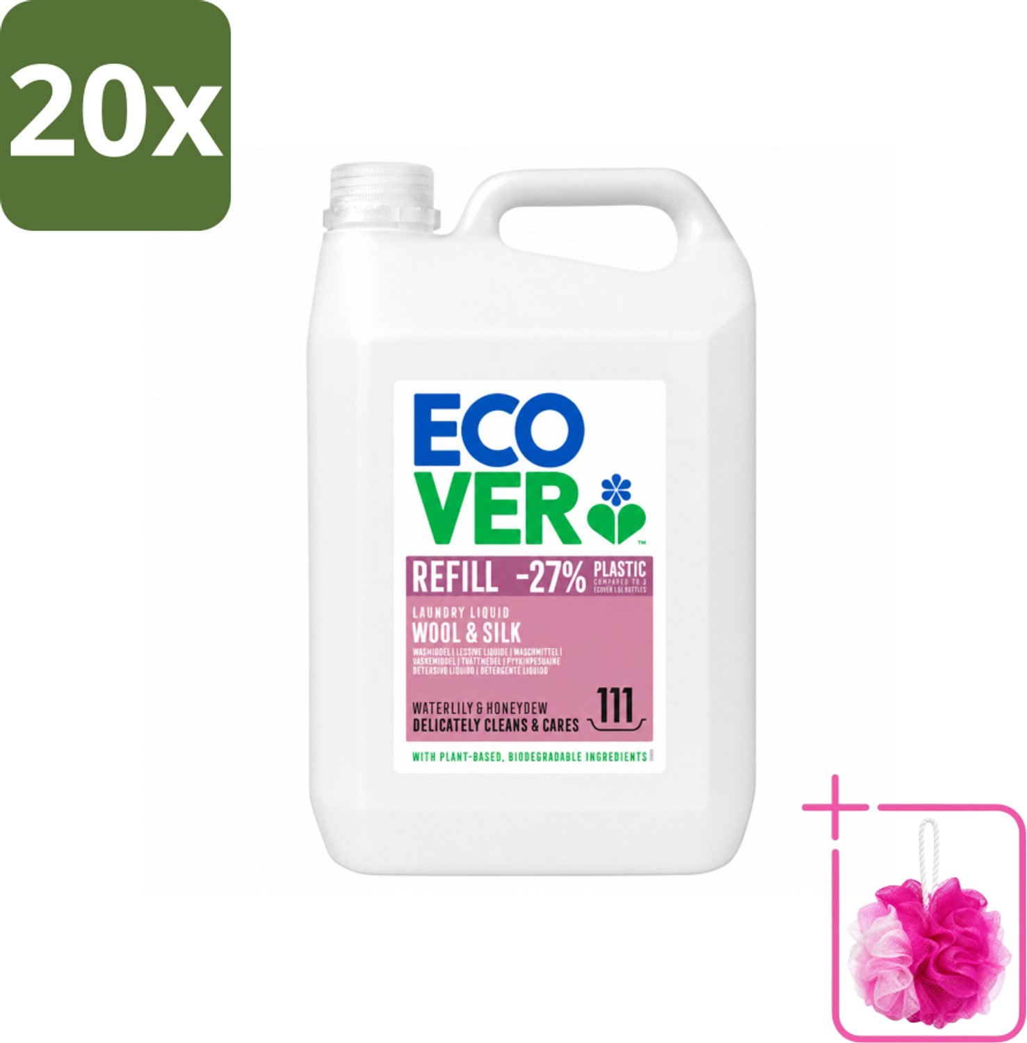 20 x Ecover - Vloeibaar wasmiddel - Wol & Fijnwas - Waterlelie & Honingmeloen - 5 liter - 111 wasbeurten - Bulkverpakking - Fijnwas - Douchemop - Wolwas