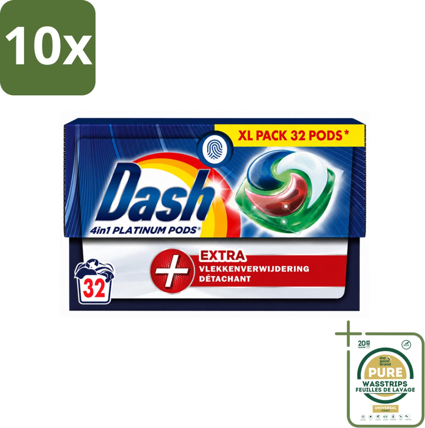 10 x Dash - 4in1 Pods +Extra Vlekkenverwijderaar - Wasmiddelcapsules - Intensieve Reiniging - 32 Wasbeurten - Wasstrips - Wasmiddel - Wascapsules - Vlekkenverwijderaar - Intensieve Was - 4 In 1 Wasmiddel