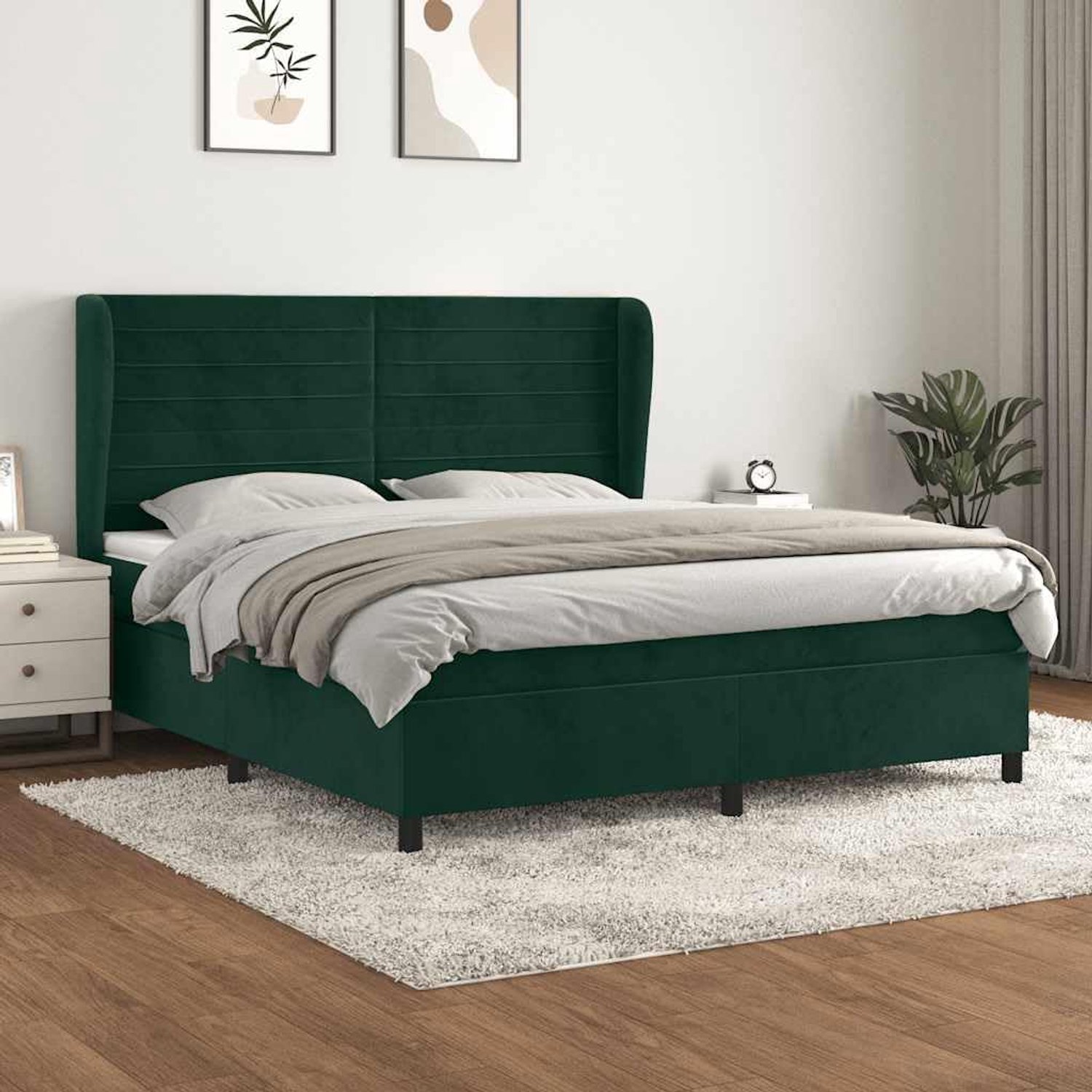 Boxspringbed met matras, donkergroen, 160 x 200 cm, fluweel, hoofdeinde, in hoogte verstelbaar, pocketveringmatras, middelhard, huidvriendelijk, voor een goede nachtrust