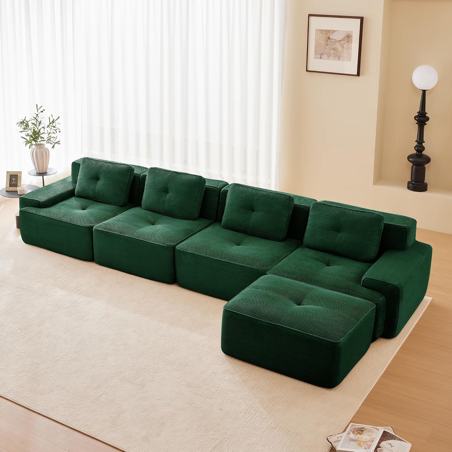 Modulaire bank, moderne bank voor woonkamer met 74 cm diepe zitting, corduroy bank, cloud gestoffeerde bank, banken combineerbaar, voor woonkamer (groen, 4S + 1)