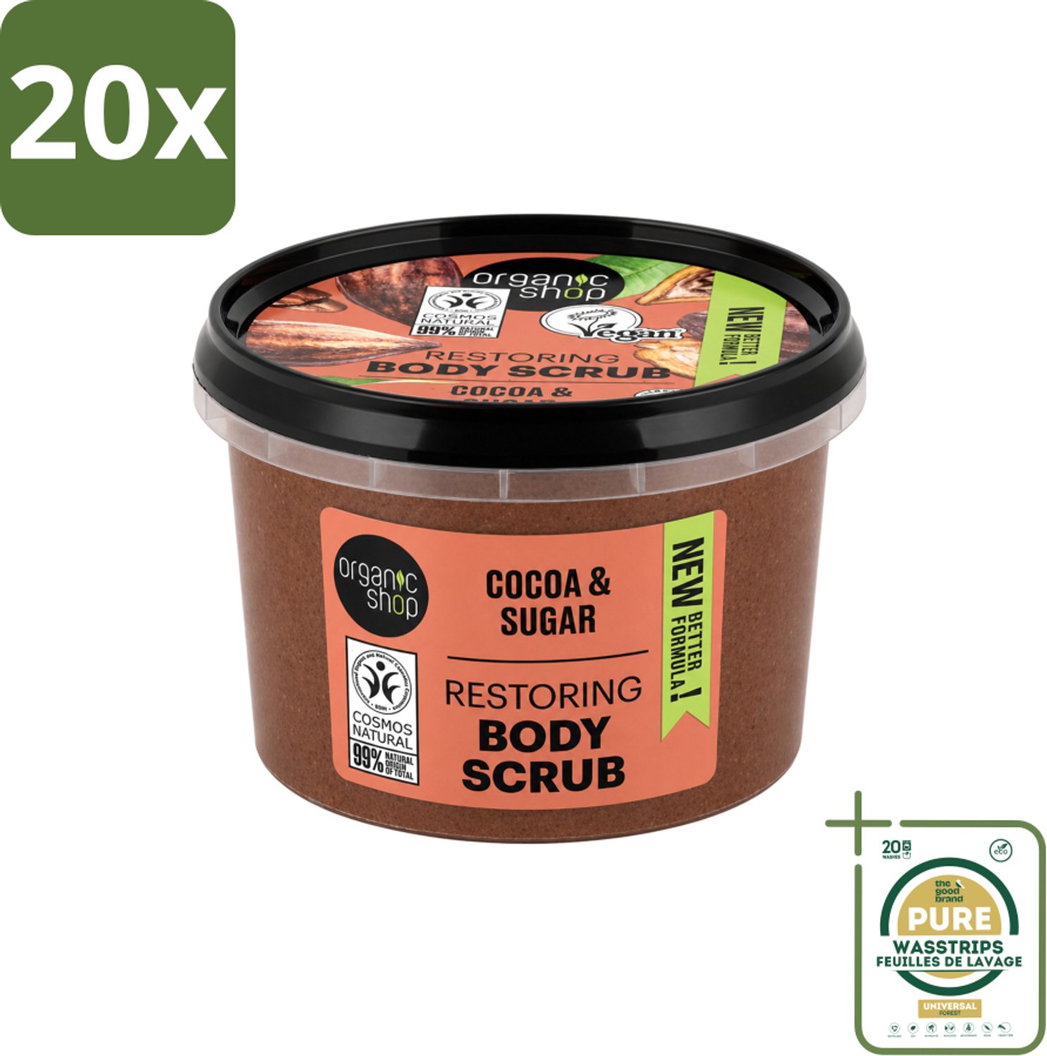 20 x Organic Shop - Body Scrub Cocoa - Rijke Hydratatie - 250 ml - Wasstrips - Bodyscrub - Exfoliatie - Huidverzorging - Cacaoscrub - Natuurlijke Scrub