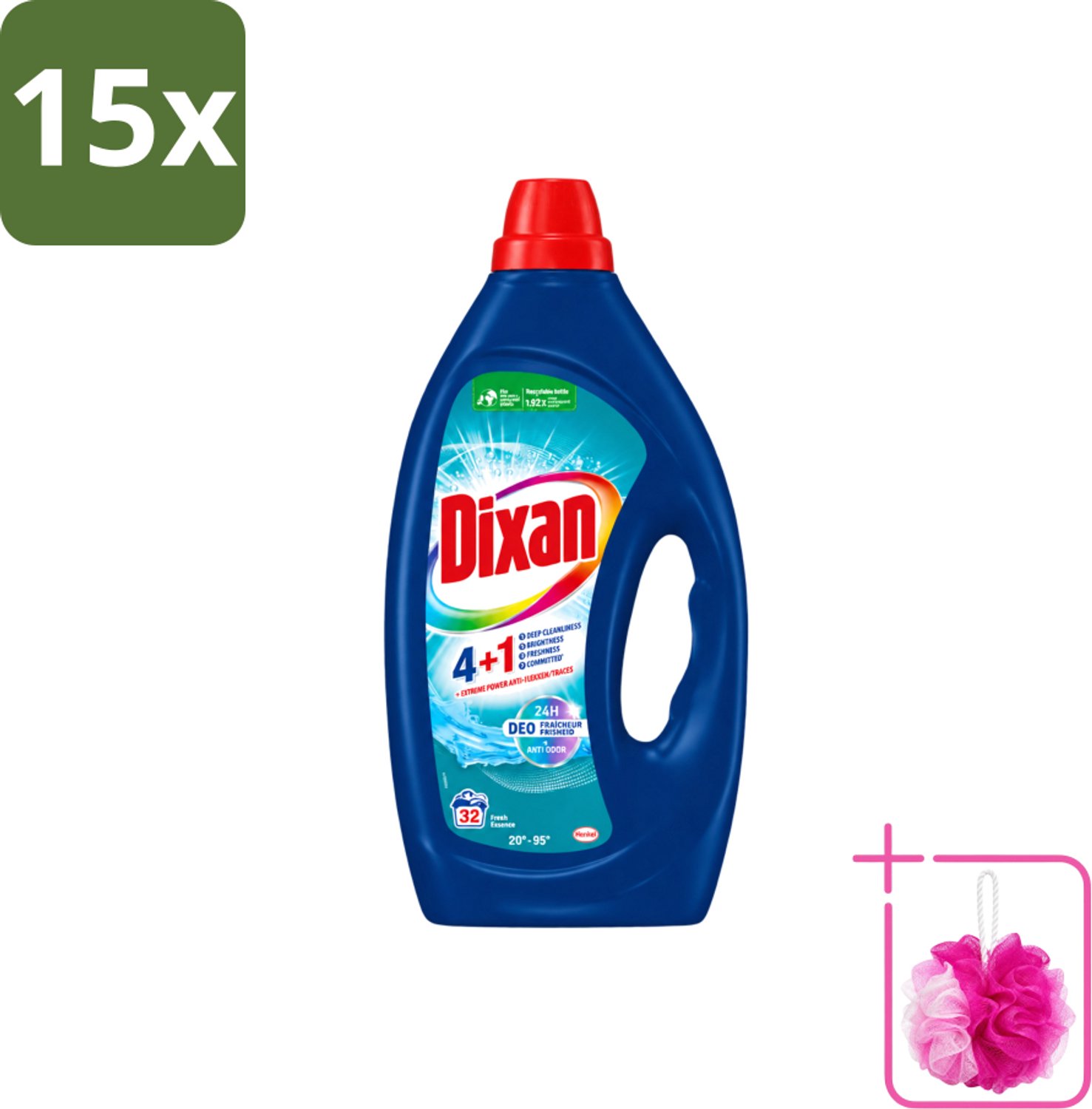 15 x Dixan - Vloeibaar wasmiddel - Fresh Blue - 32 wasbeurten - Bulkverpakking - Vloeibaar wasmiddel - Douchemop - Frisse geur