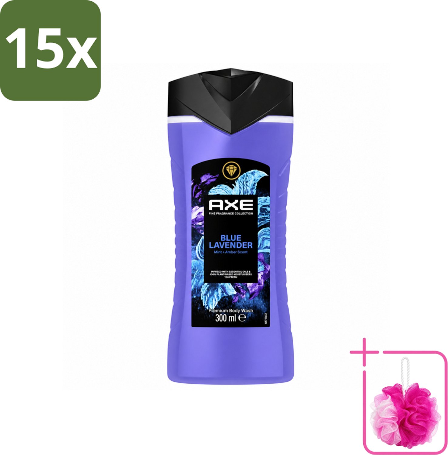 15 x AXE - Douchegel - Blue Lavender - Kalmerend - Premium Geur - 300 ml - Bulkverpakking - Douchegel - Douchemop - Kalmerend