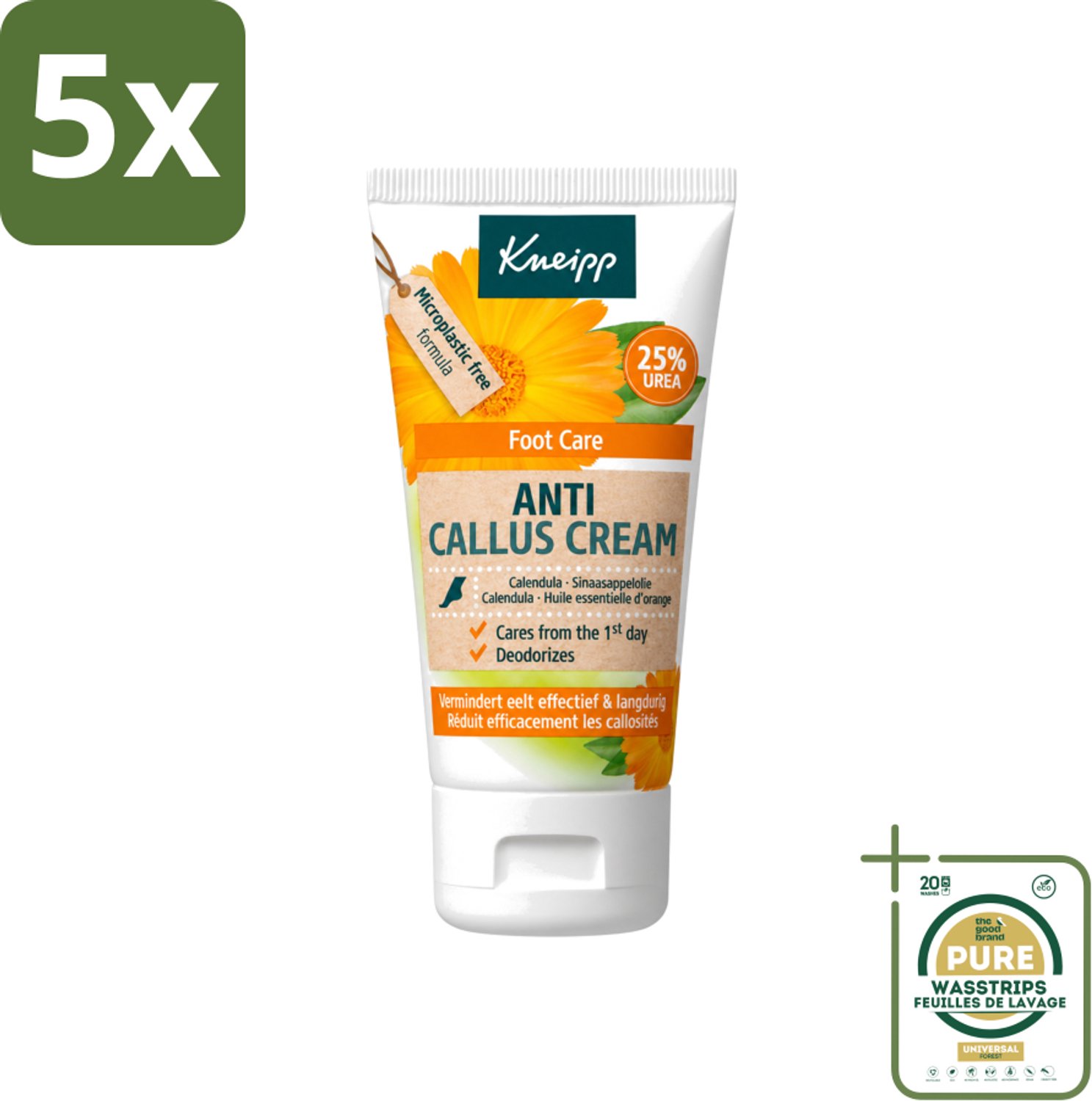 5 x Kneipp - Eeltcrème - Calendula - 25 % ureum - Voor zachte & soepele voeten - 50 ml - Wasstrips - Voetcrème - Eeltvermindering - Ureumcrème - Voetverzorging - Zachte Voeten