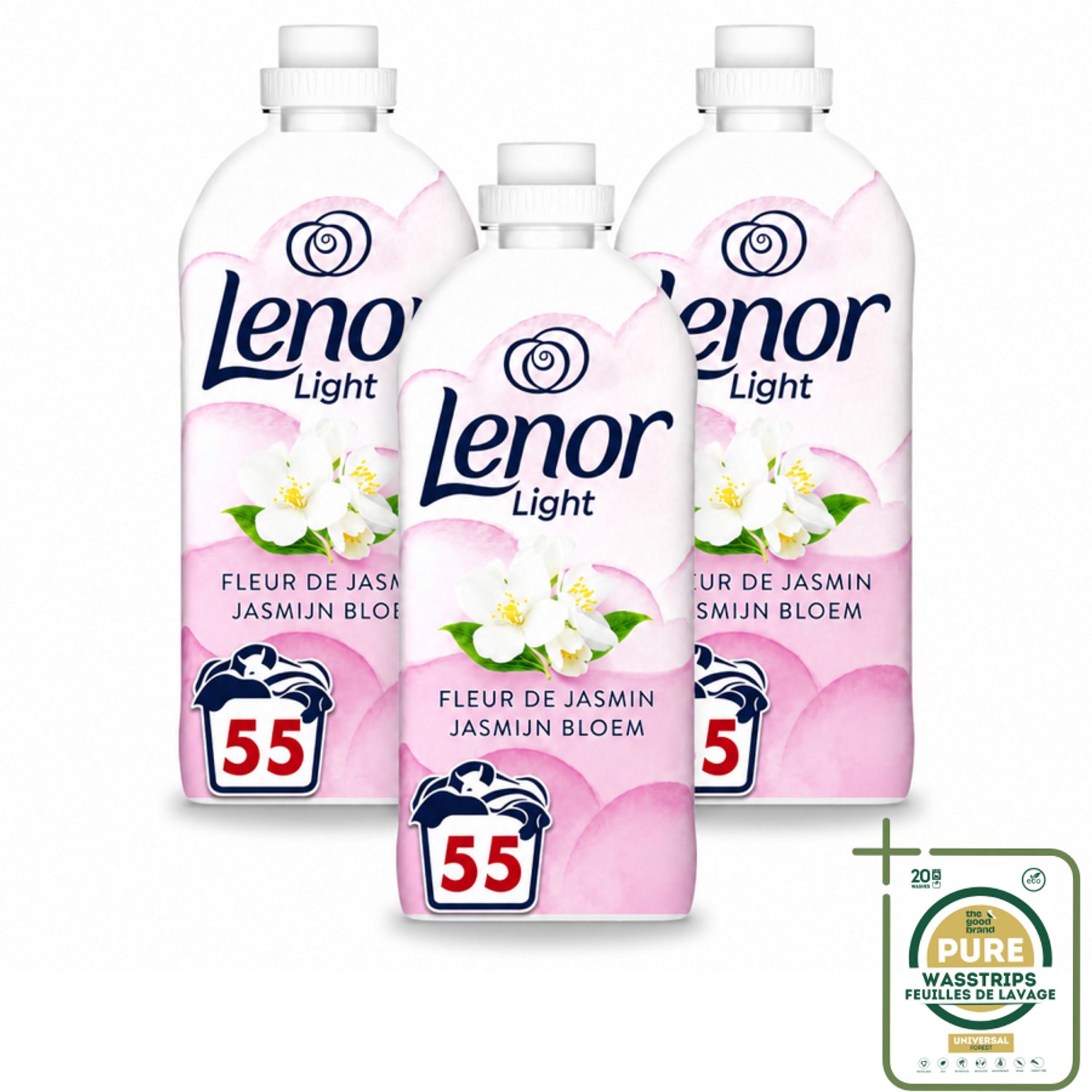 3 x Lenor Light - Wasverzachter - Jasmijnbloem - Fris & Zacht - 55 Wasbeurten - Wasstrips - Wasverzachter - Jasmijn - Frisheid - Wasverzachter Jasmijn - Wasverzachter Voor Kleding