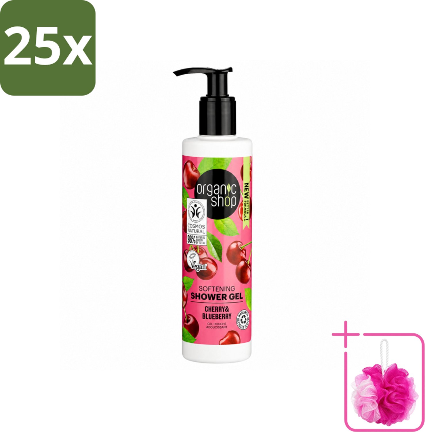 25 x Organic Shop - Douchegel Cherry & Blueberry - Verfrissend en Hydraterend - 280 ml - Bulkverpakking - Douchegel - Douchemop - Natuurlijke douchegel
