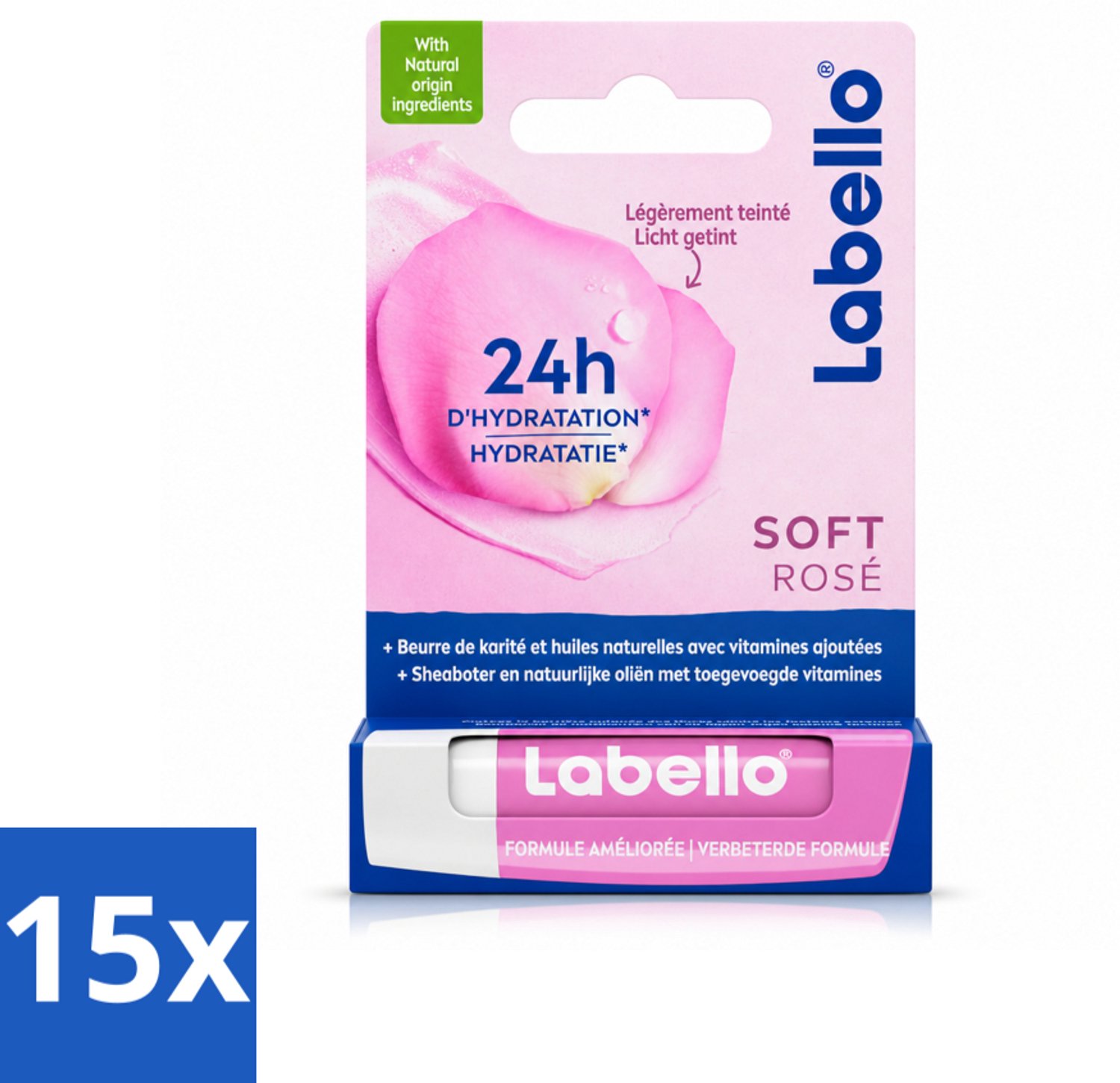 15 x Labello – Lippenbalsem – Soft Rosé – Lippenbalsem – 24H Hydratatie - Voordeelverpakking - 15 stuks