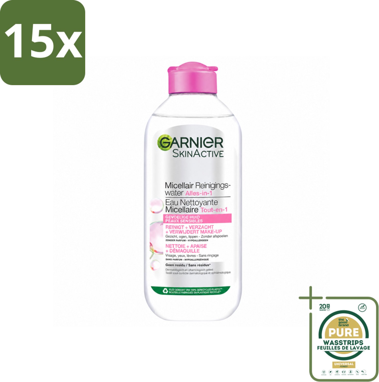 15 x Garnier - SkinActive - Micellair Reinigingswater - Gevoelige Huid - Milde Reiniging & Make-Up Remover - 400 ml - Wasstrips - Gevoelige Huid - Micellair Reinigen - Make-up Verwijderen - Milde Reiniging - Gezicht Reinigen