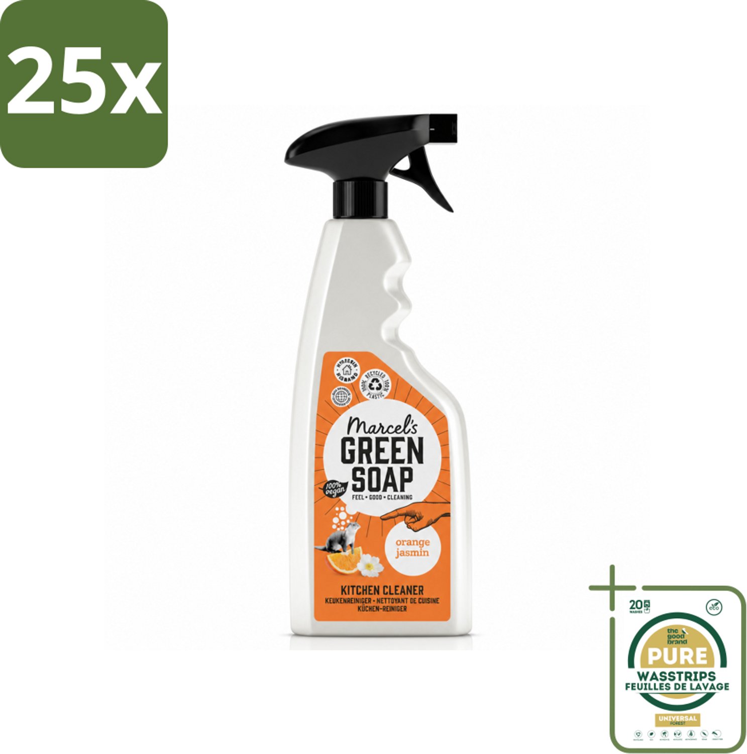 25 x Marcel's Green Soap - Keukenreiniger - Sinaasappel & Jasmijn - Tegen vet & vuil - 500 ml - Wasstrips - Keukenreiniger - Vet En Vuil Verwijderen - Natuurlijke Reiniger - Milieuvriendelijke Schoonmaak - Keuken Reinigen