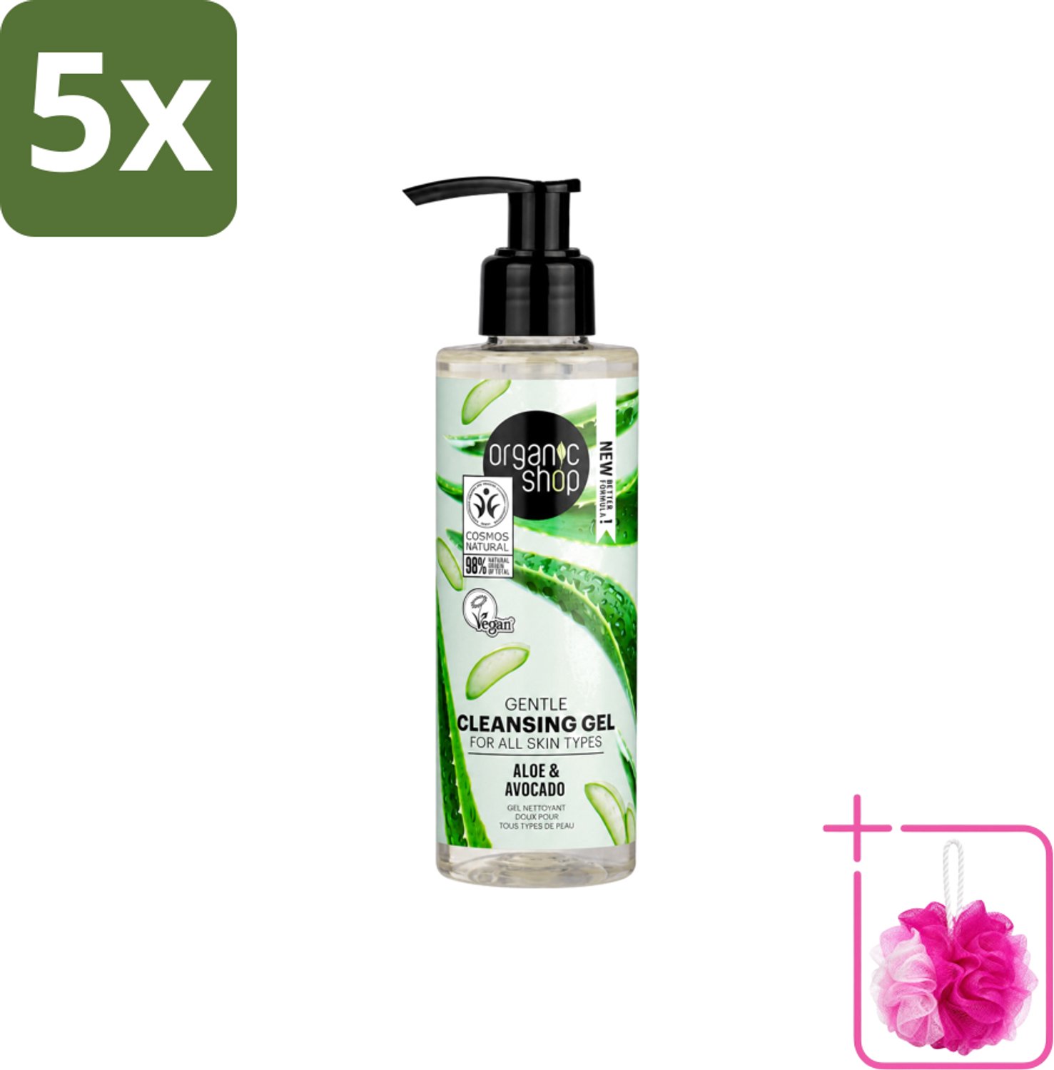5 x Organic Shop - Cleansing Gel Avocado & Aloe - Verfrissend en Hydraterend - 200 ml - Bulkverpakking - Gezichtsreiniger - Douchemop - Natuurlijke reiniging