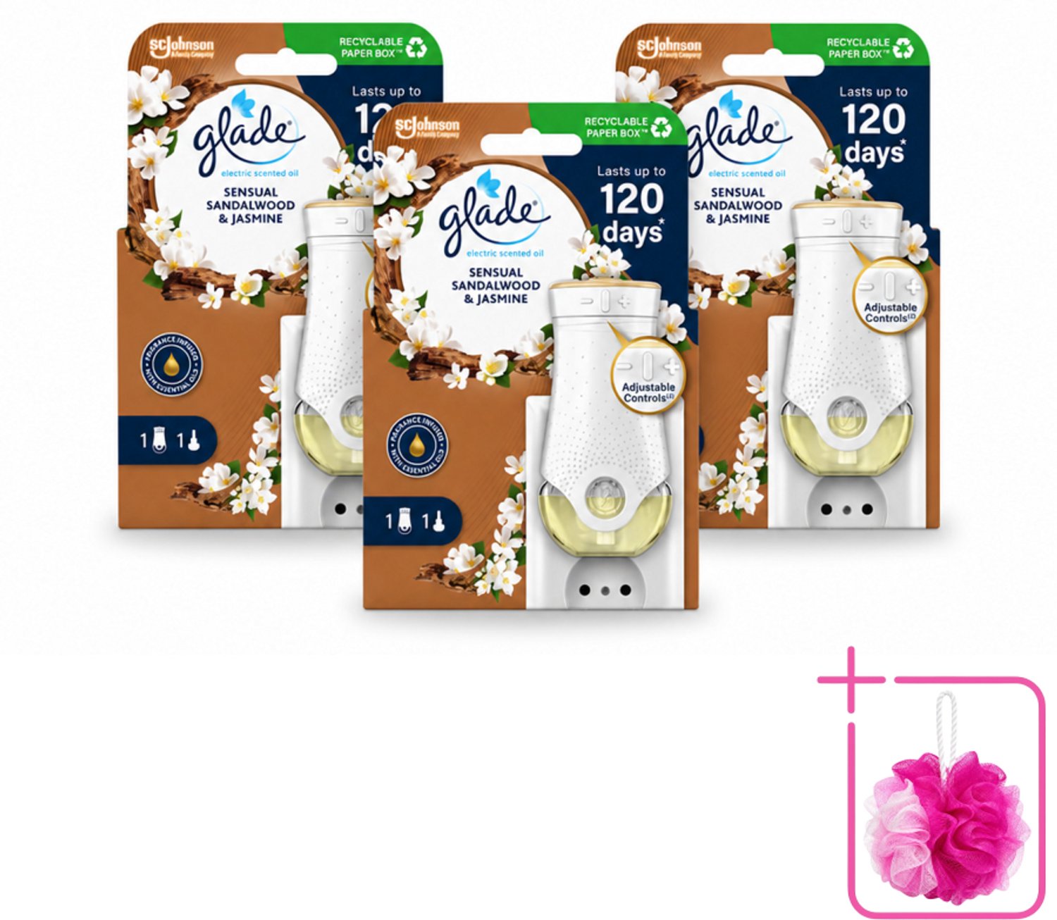 3 x Glade - Houder Elektrische Olie - Sensual Sandelhout Jasmijn - Bulkverpakking - Geurhouders - Douchemop - Geur