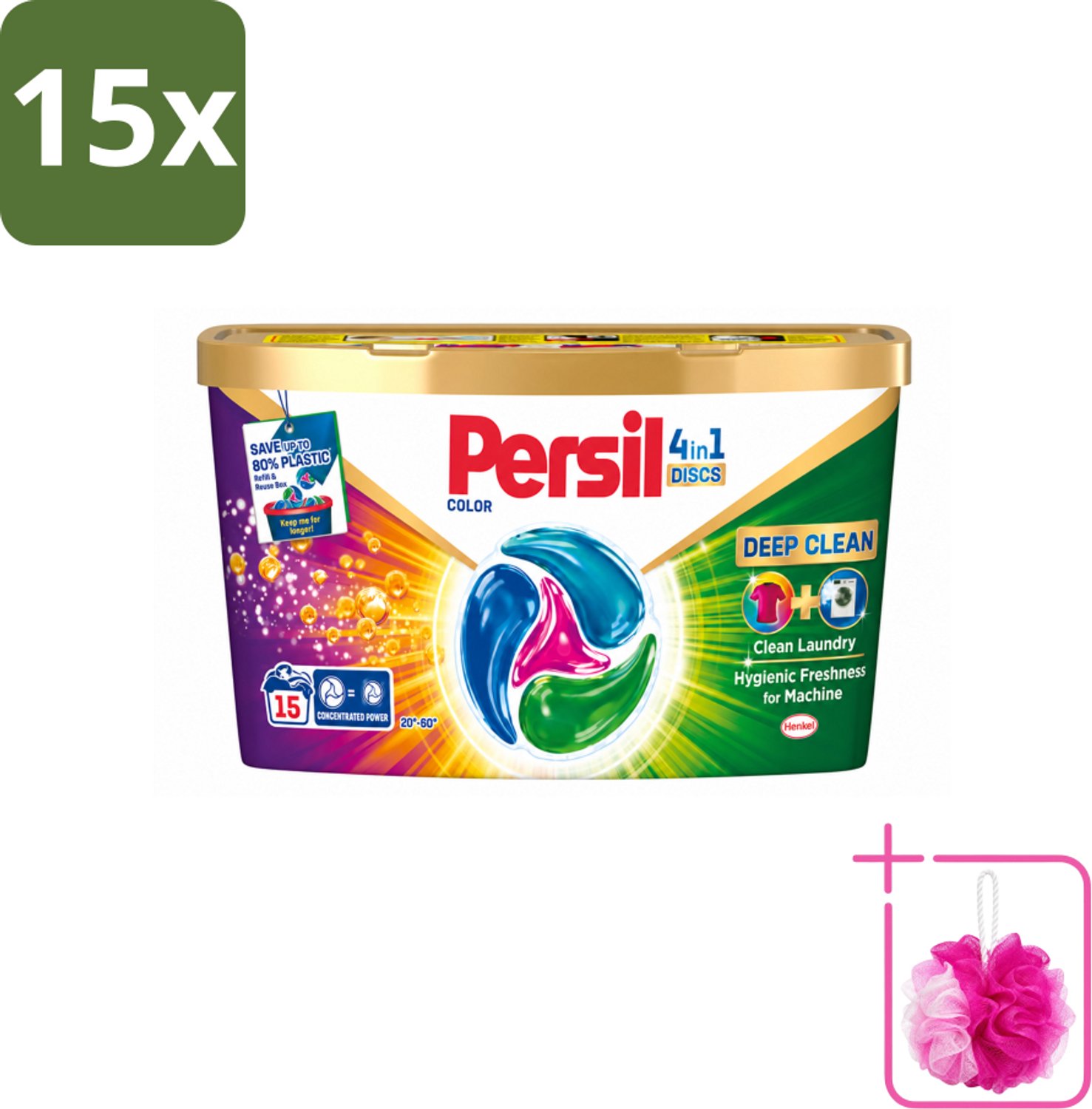 15 x Persil - Wasmiddel - Wasmiddelcapsules Discs Gekleurde Was - Voor Gekleurde Was - 15 wasbeurten - Bulkverpakking - Kleur - Douchemop - Wasmiddel