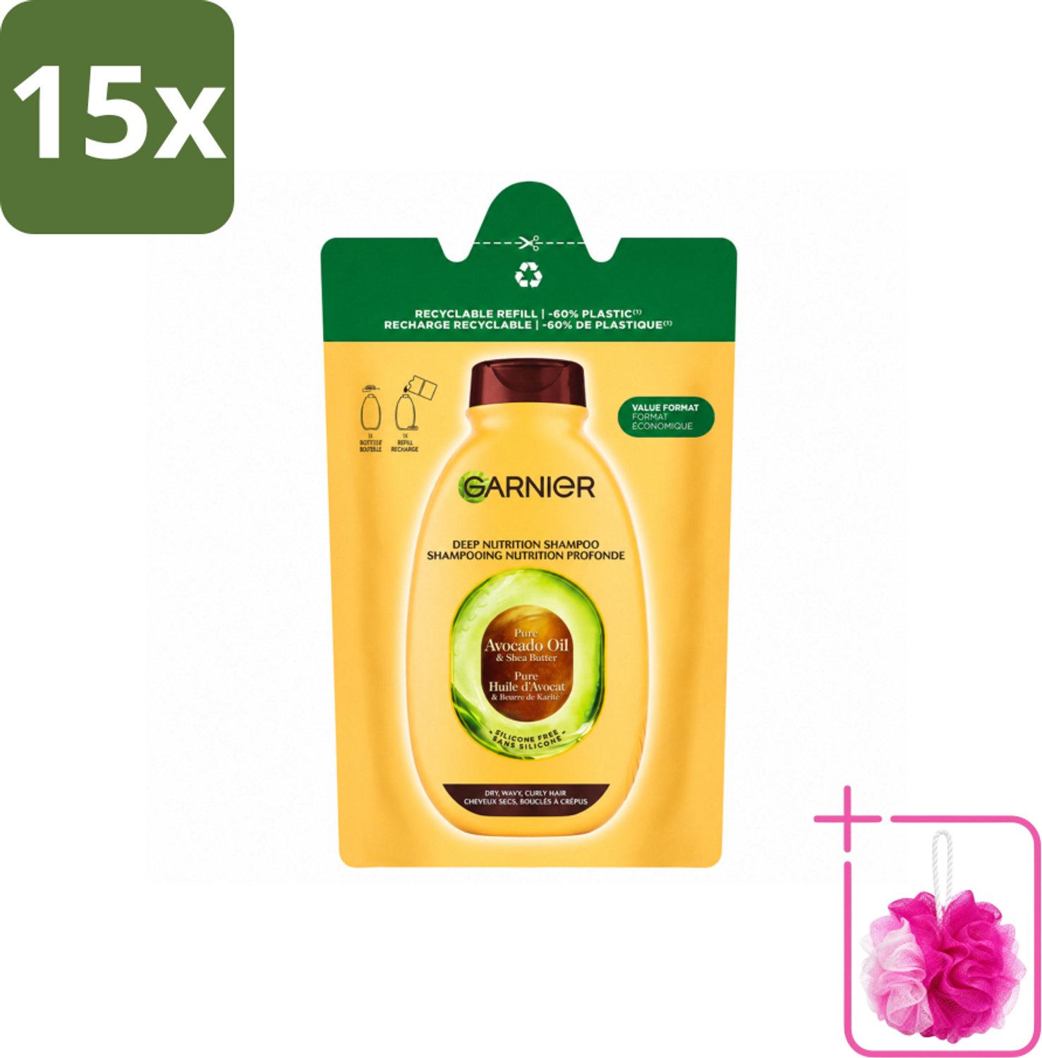 15 x Garnier - Loving Blends - Shampoo Refill - Avocado Olie & Shea Boter - Zeer Droog, Golvend of Krullend Haar - 250 ml - Bulkverpakking - Shampoo Refill - Douchemop - Avocado Olie