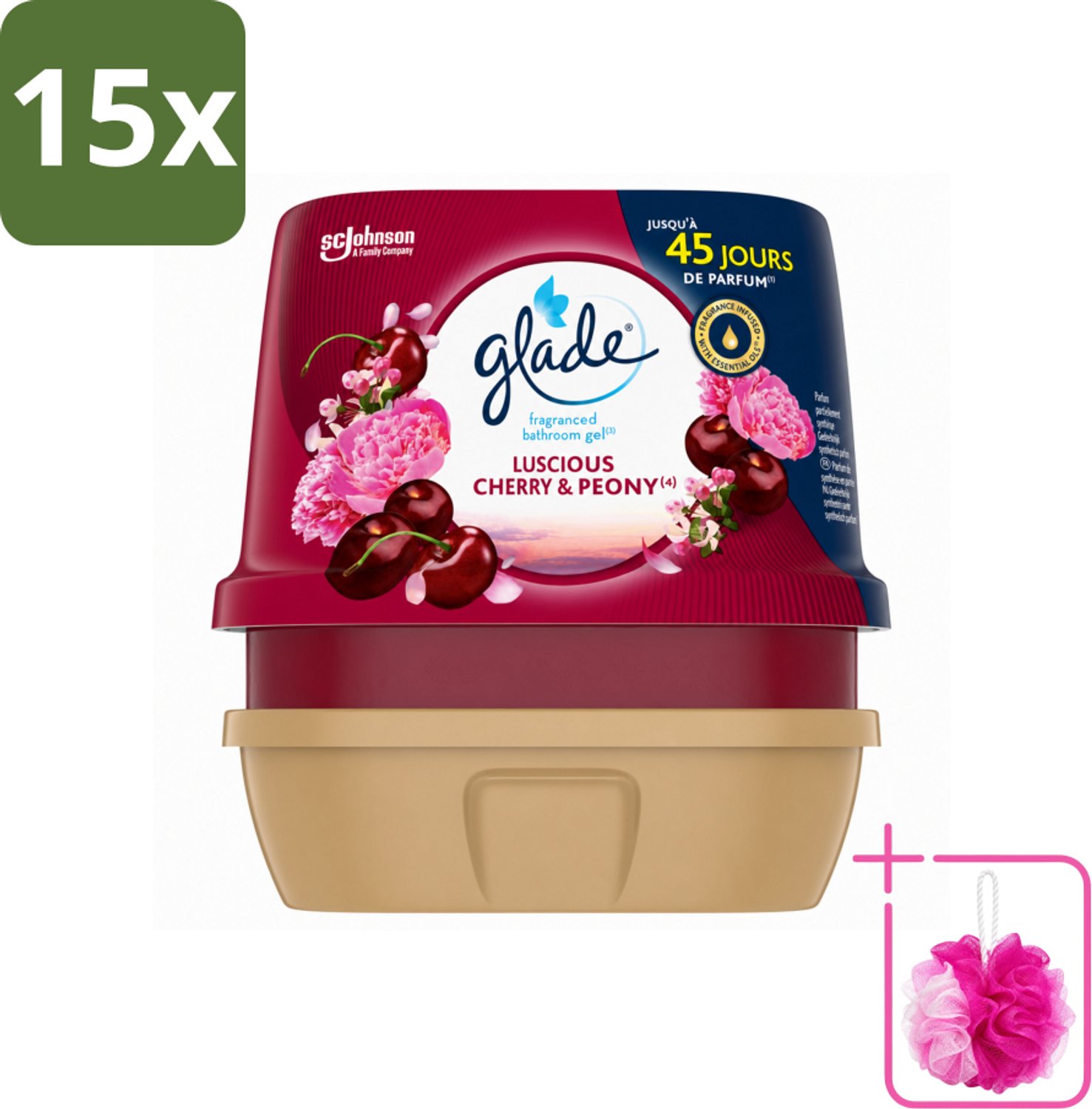 15 x Glade - Badkamer Gel - Luscious Kers & Pioenroos - 180 g - Bulkverpakking - Geur gel badkamer - Douchemop - Bloemige geur