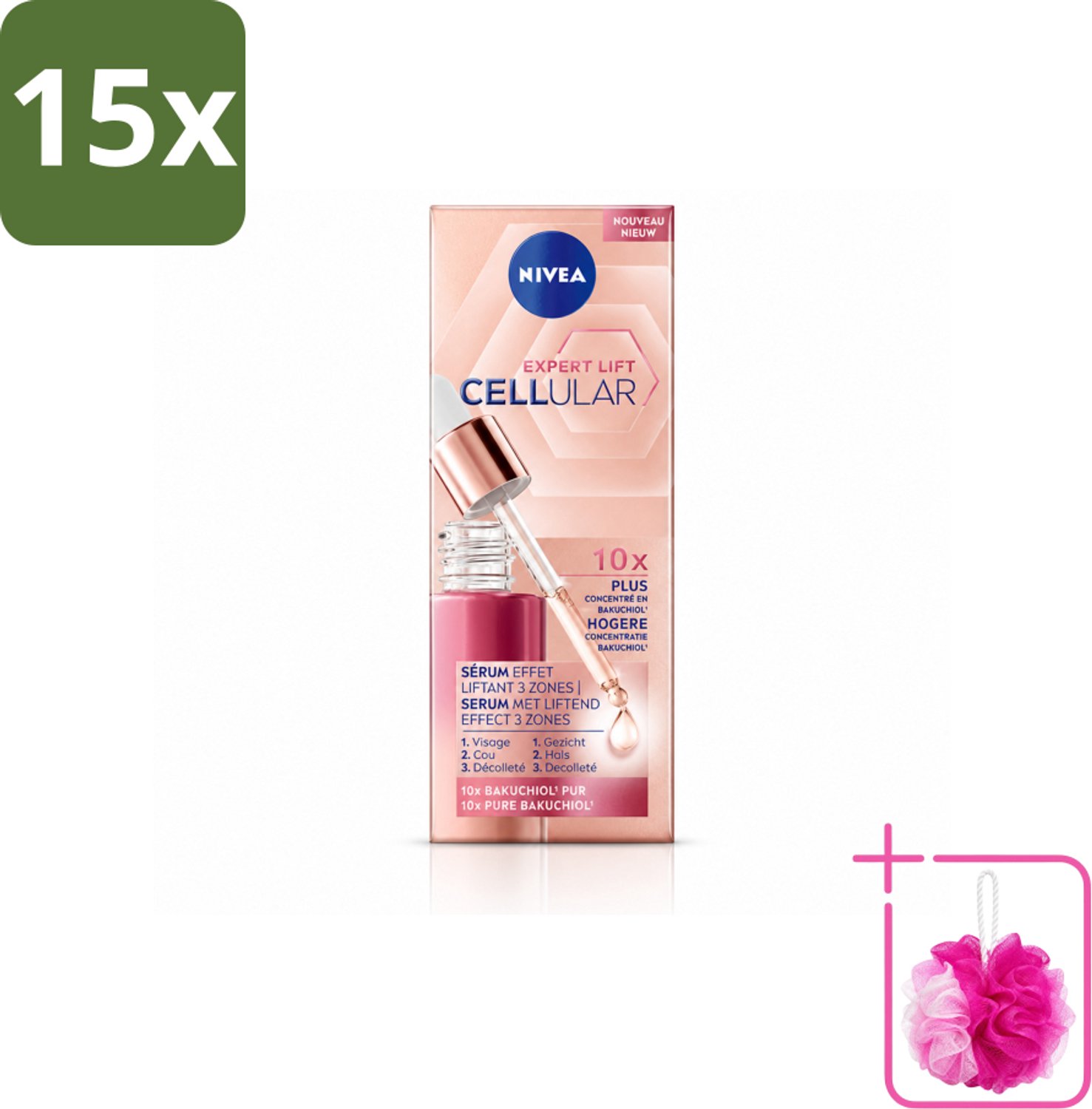 15 x NIVEA - Gezichtsserum - CELLular Expert Lift - Met Bakuchiol - Liftend effect - Alternatief voor Retinol - Voor alle huidtypen - 30 ml - Bulkverpakking - Anti-aging serum - Douchemop - Bakuchiol