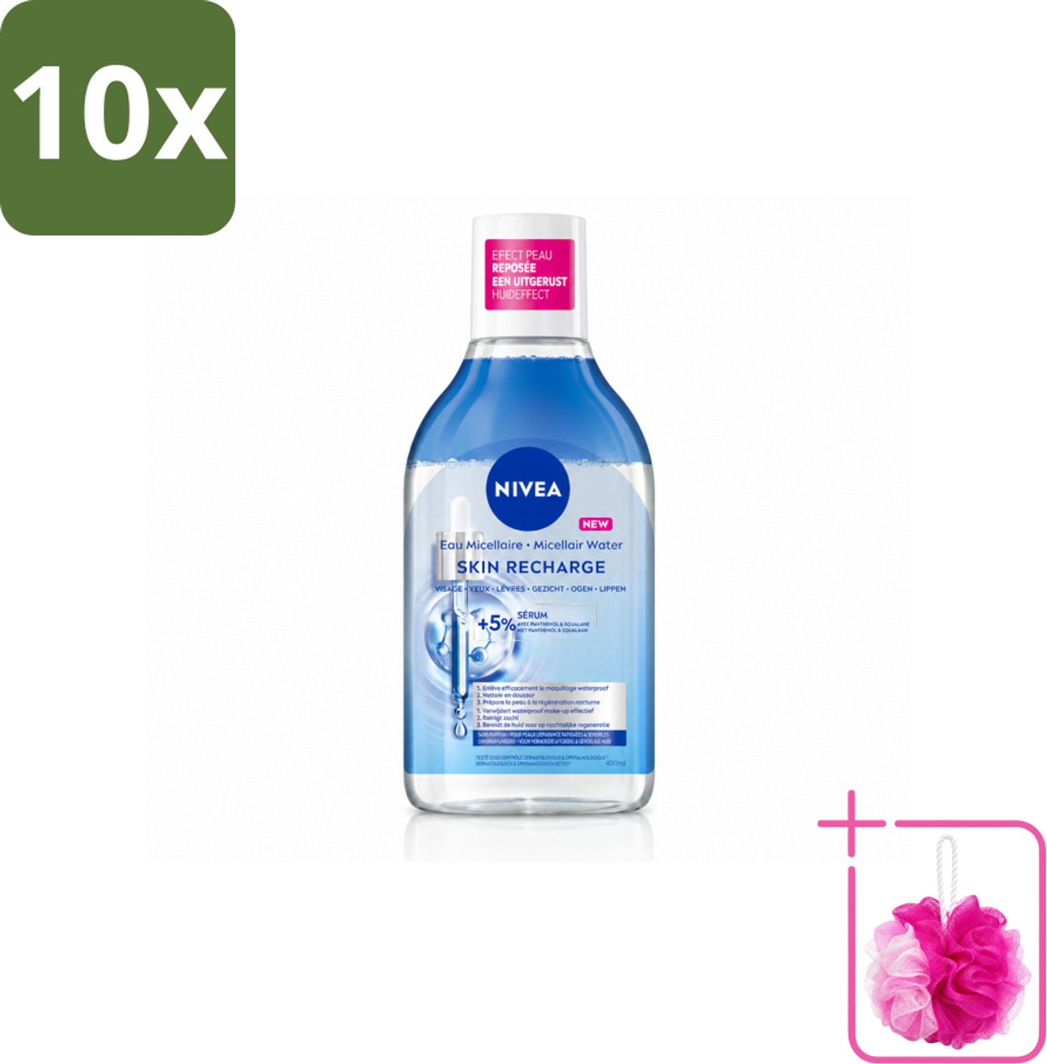 10 x NIVEA - Micellair Water - Serum Verrijkt Opladend - Verwijdert Waterbestendige Make-up - 400 ml - Bulkverpakking - Micellair water - Douchemop - Gevoelige huid