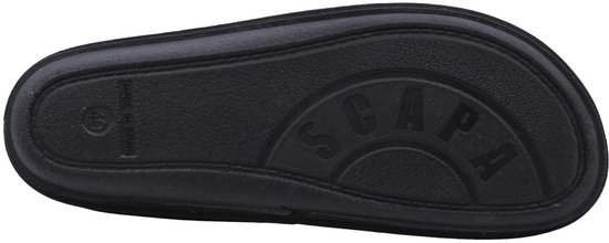 Zwarte rubberen zool van Scapa-pantoffel met reliëflogo en maataanduiding.