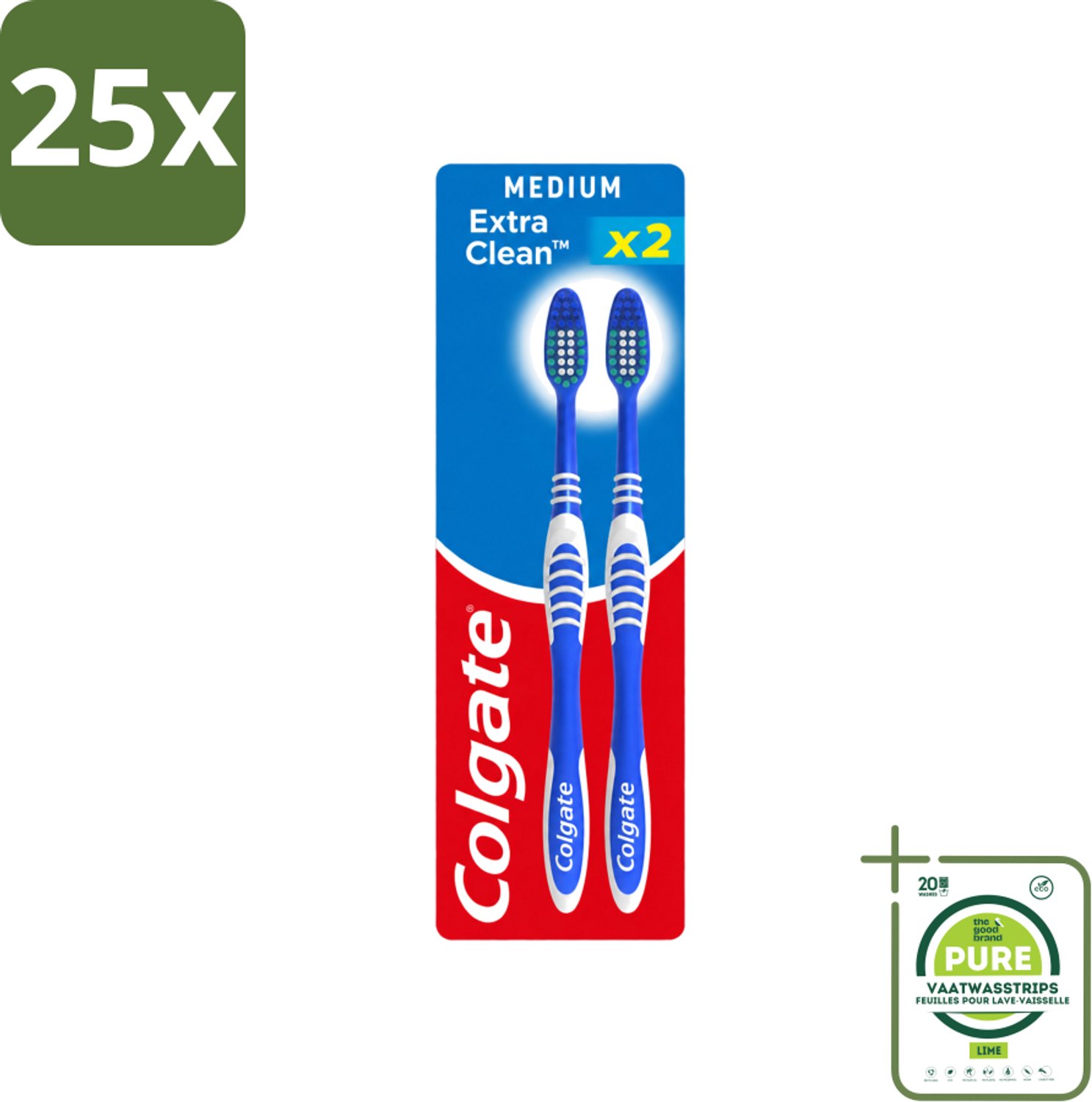 25 x Colgate - Tandenborstels - Extra Clean Duo - Medium - 2 borstels - Grootverpakking - Vaatwasstrips - Tandenborstel - Mondhygiëne - Frisse Adem - Reiniging - Tongreiniger
