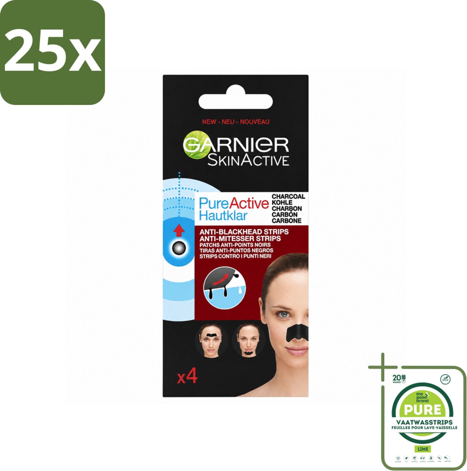25 x Garnier - Pure Active - Anti-Mee-Eters Strips - Charcoal - Neus, Voorhoofd & Kin - 4 Strips - Grootverpakking - Vaatwasstrips - Anti-mee-eters Strips - Houtskool Strips - Zuivere Huid - T-zone Reinigen - Poriën Reinigen